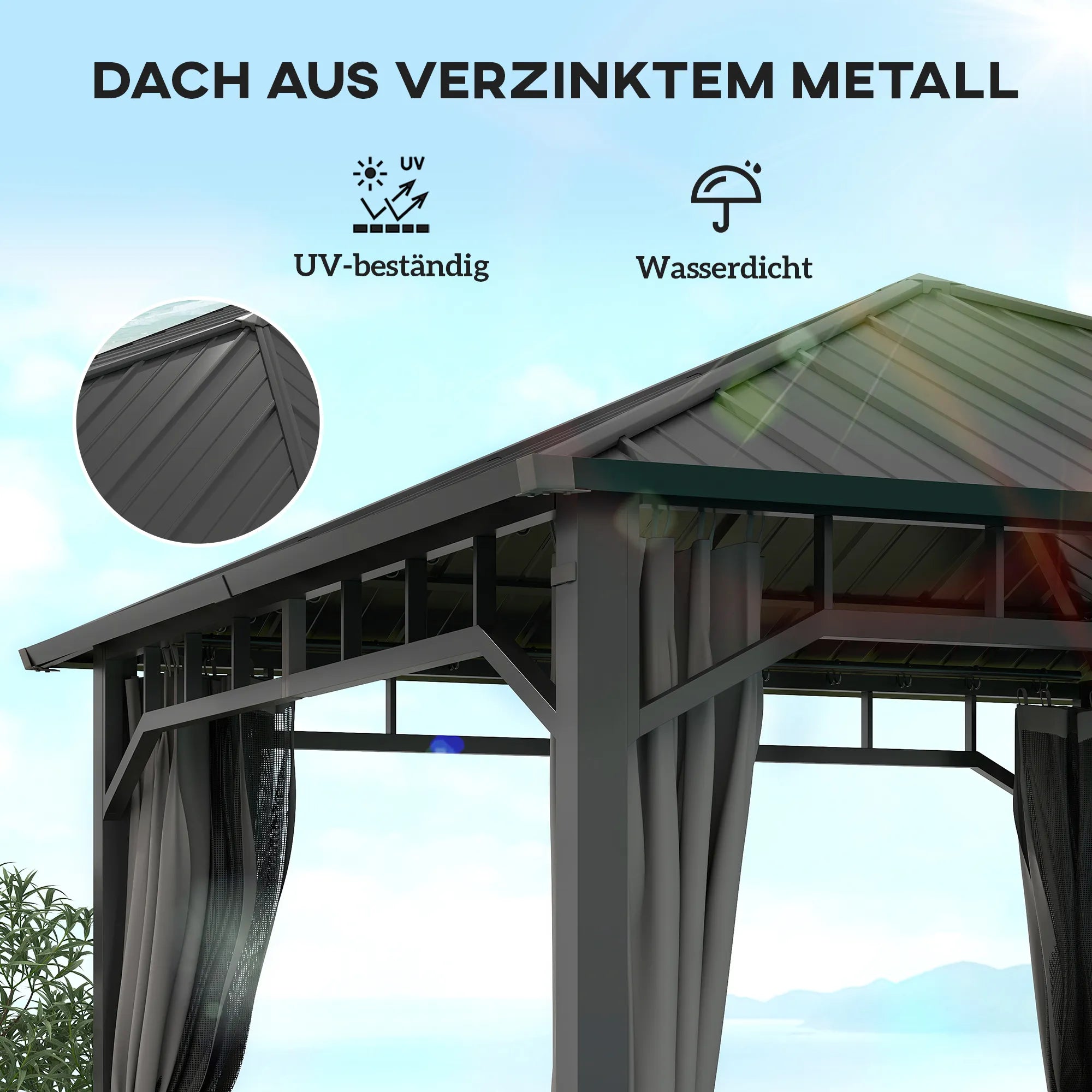 Sodo paviljonas 3x3 m, su metaliniu stogu, sienelėmis ir tinkleliais, tamsiai pilkas