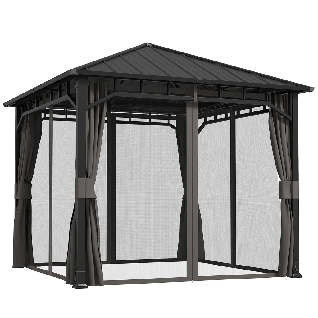 Sodo paviljonas 3x3 m, su metaliniu stogu, sienelėmis ir tinkleliais, tamsiai pilkas