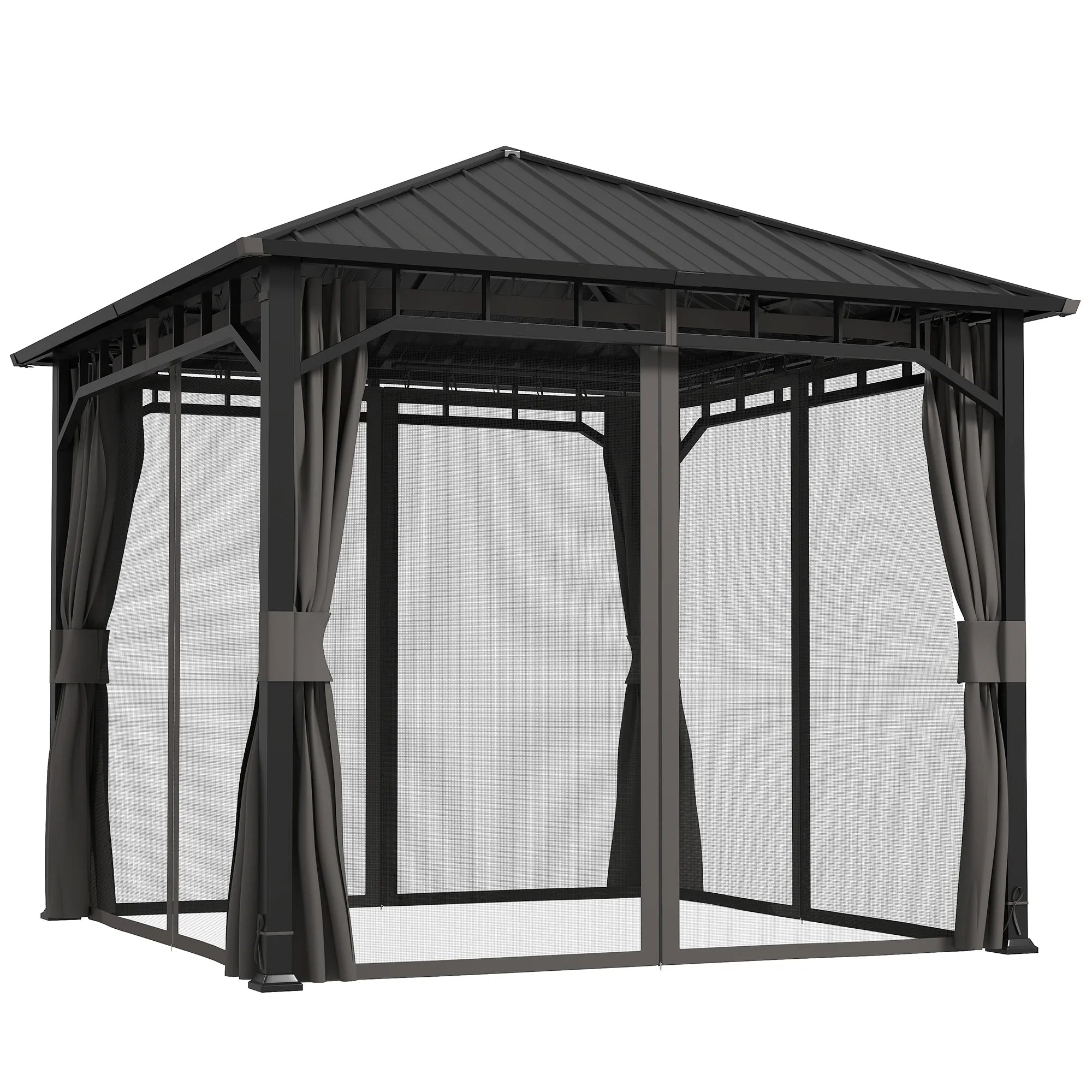 Sodo paviljonas 3x3 m, su metaliniu stogu, sienelėmis ir tinkleliais, tamsiai pilkas