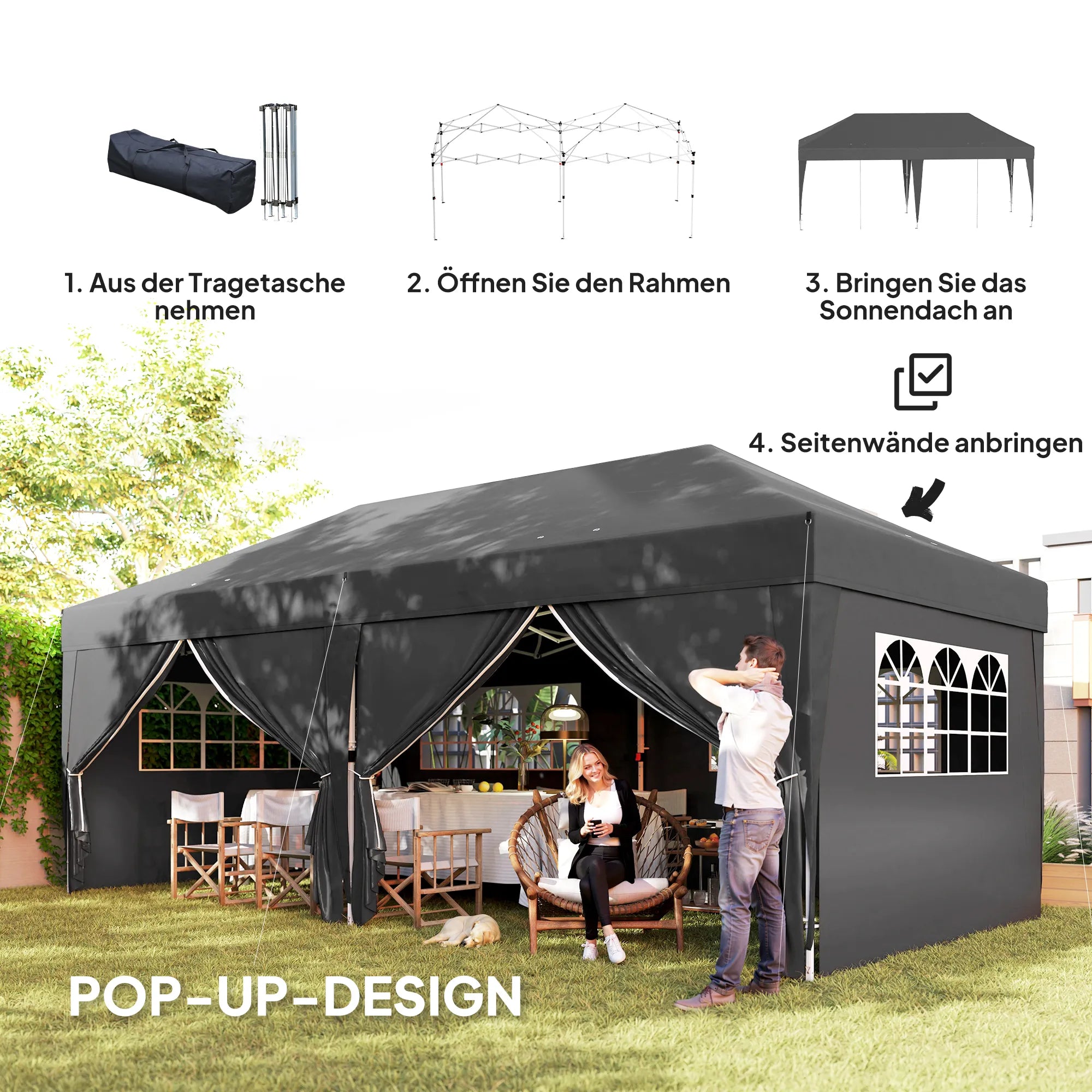 Sodo paviljonas 6x3 m, sulankstomas, su sienelėmis, UV apsauga, juodas