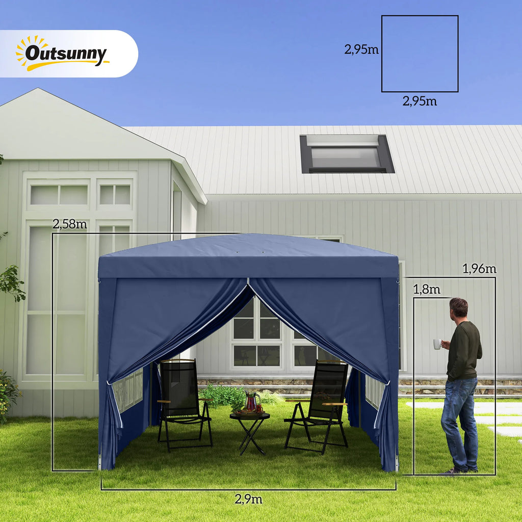 Sodo paviljonas su sienelėmis 2,95 x 2,95 m, su krepšiu, mėlynas