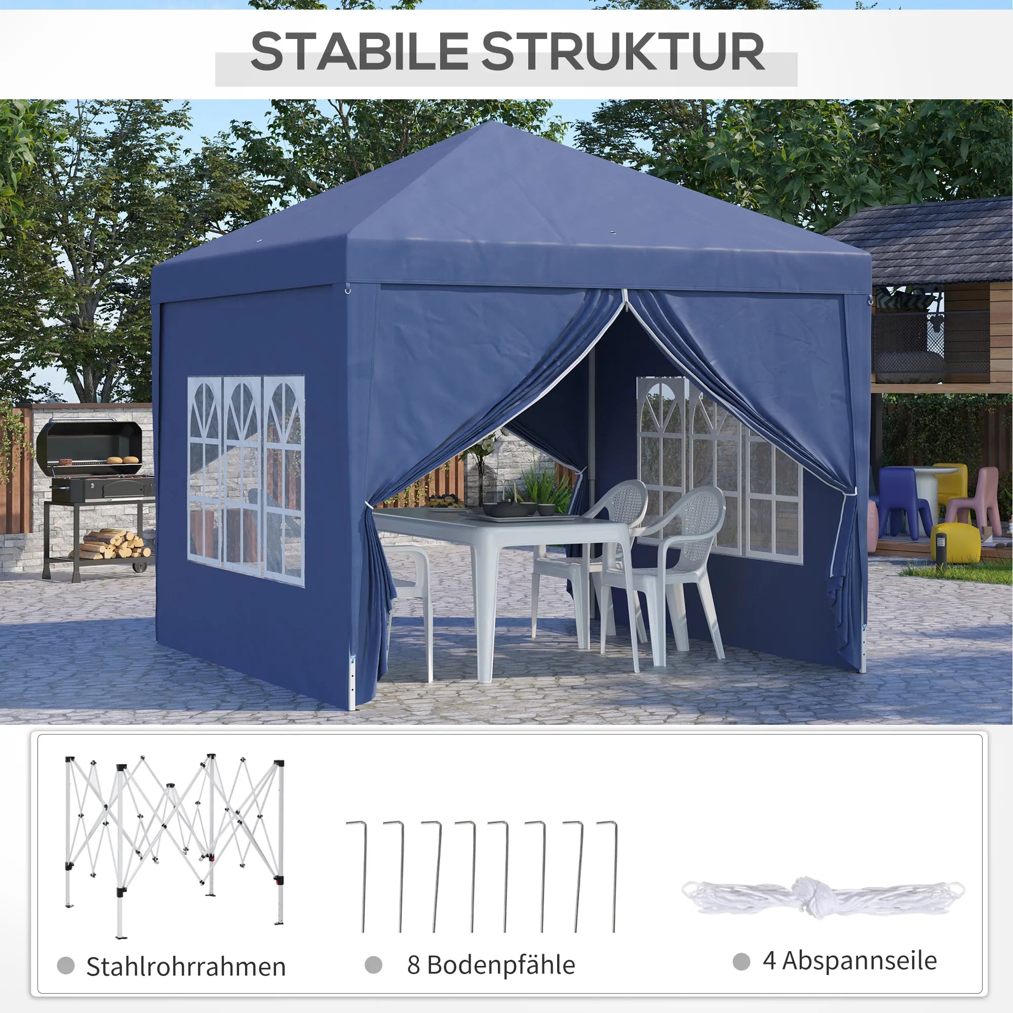 Sodo paviljonas su sienelėmis 2,95 x 2,95 m, su krepšiu, mėlynas