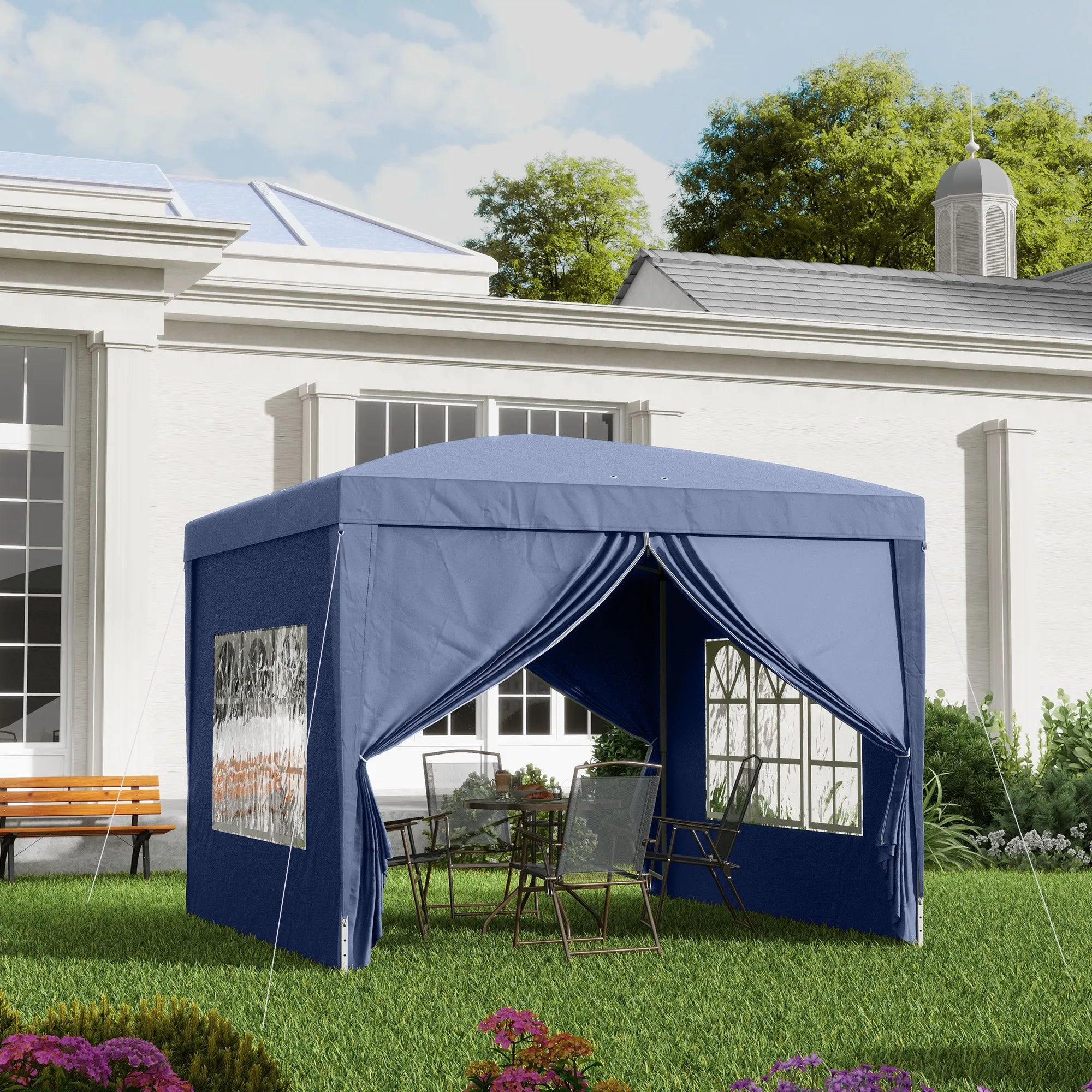 Sodo paviljonas su sienelėmis 2,95 x 2,95 m, su krepšiu, mėlynas
