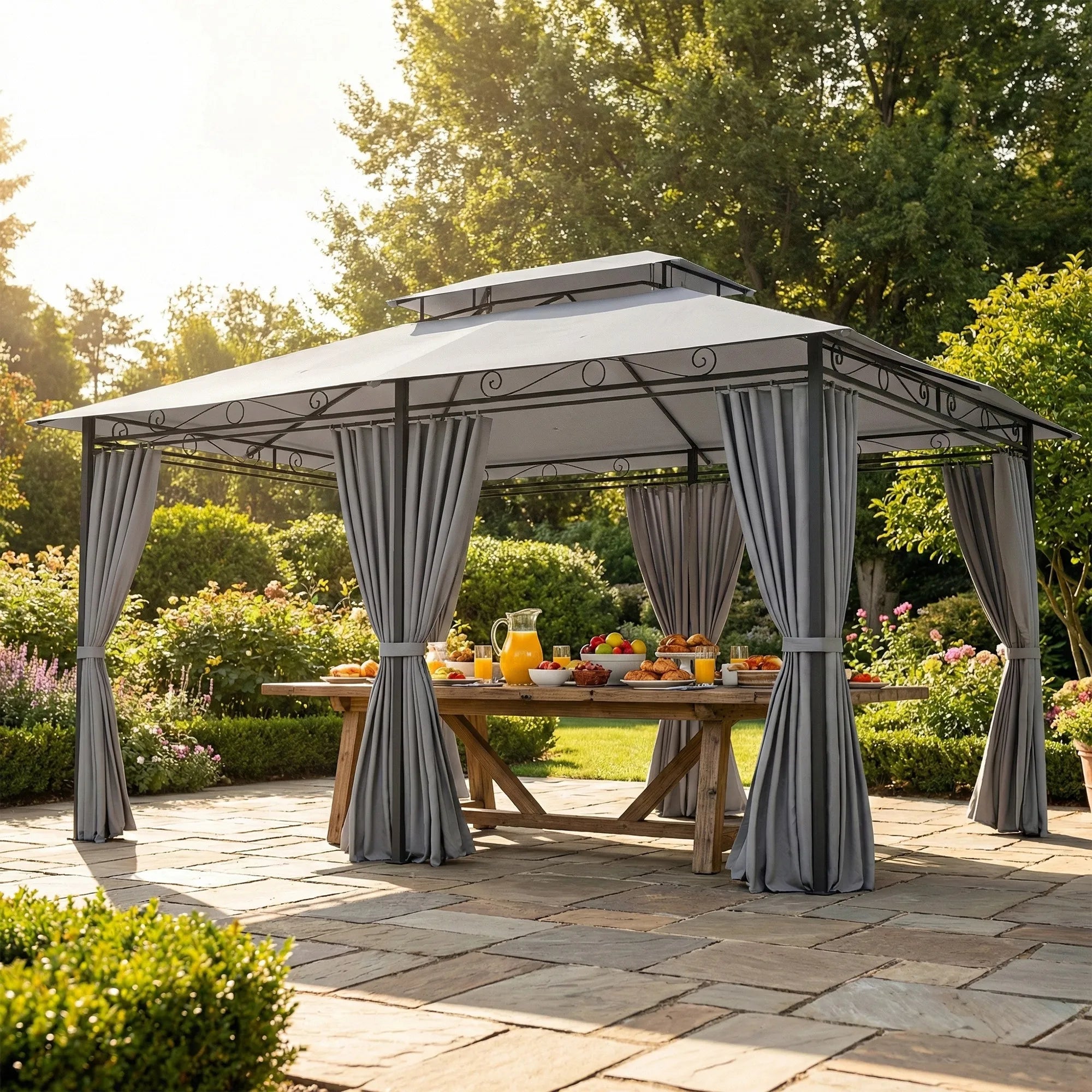 Sodo paviljonas su užuolaidomis ir ventiliuojamu stogu, 300x400 cm, tamsiai pilkas