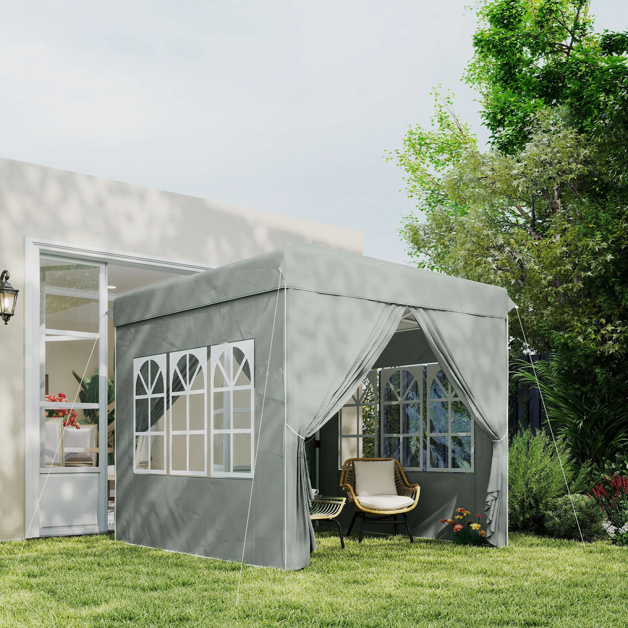 Sodo paviljonas sulankstomas su šoninėmis sienelėmis 2,5 x 2,5 m, šviesiai pilkas