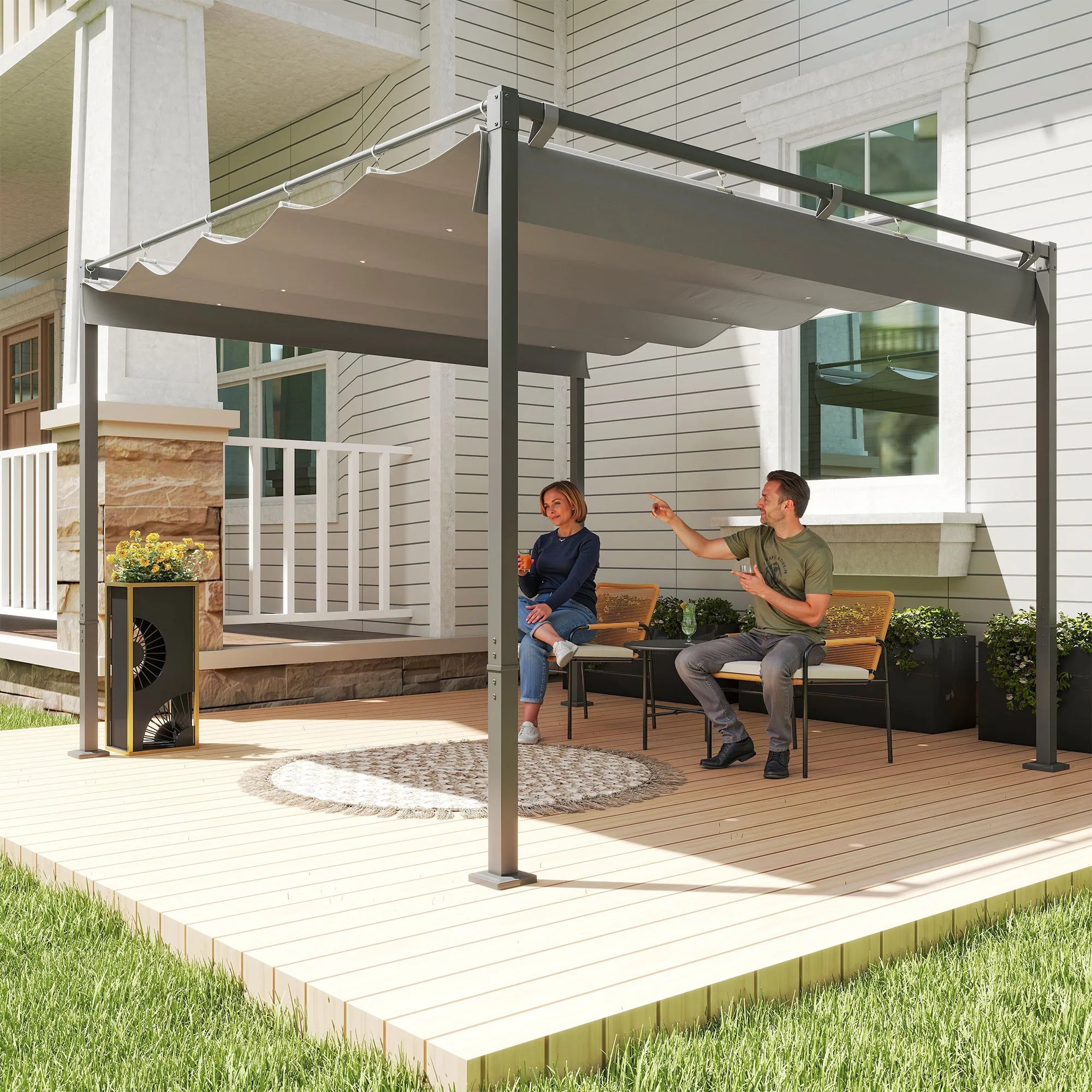 Sodo pergola su stumdomu stogu, pavėsinė su upf30+ apsauga nuo saulės, aliuminis ir poliesteris, 3x3 m, pilka