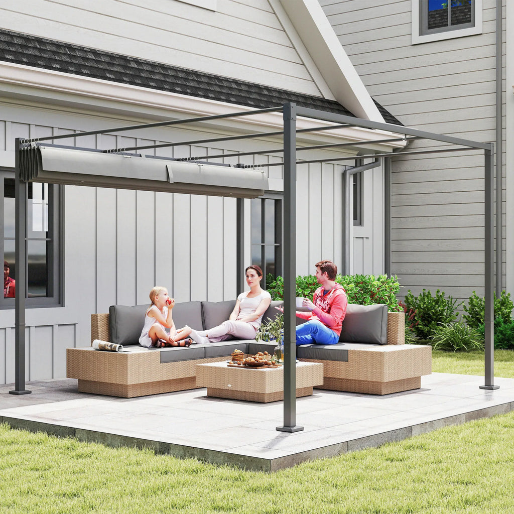 Sodo pergola su stumdomu stogu, pavėsinė su upf30+ apsauga nuo saulės, aliuminis ir poliesteris, 3x3 m, pilka