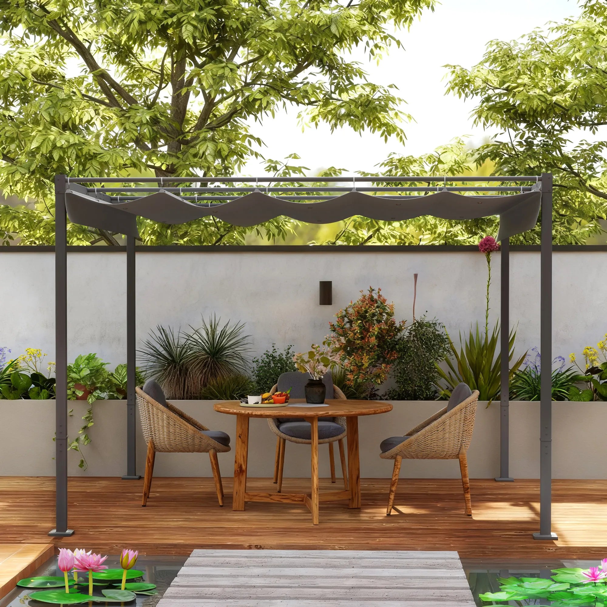 Sodo pergola su stumdomu stogu, pavėsinė su upf30+ apsauga nuo saulės, aliuminis ir poliesteris, 3x3 m, pilka