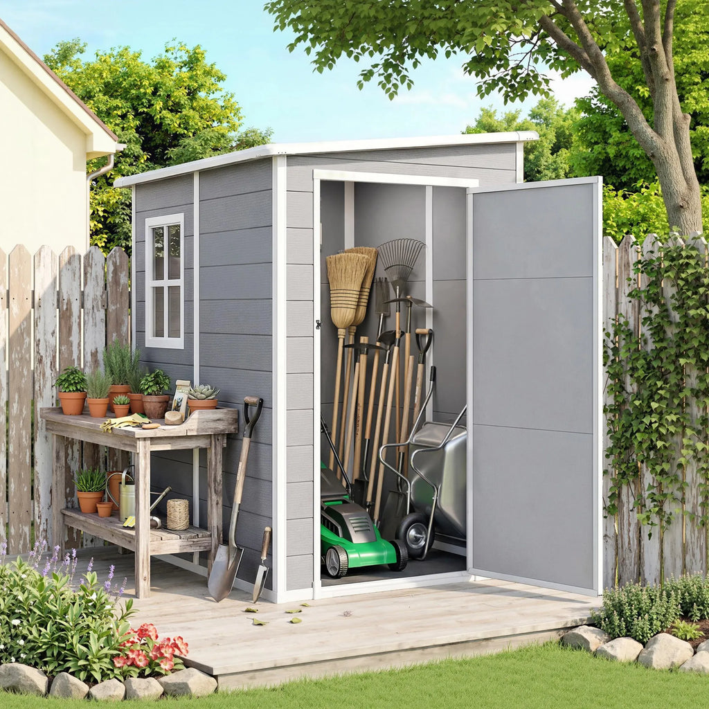 Sodo sandėliukas su rakinamomis durimis ir langu, 149 × 122 × 192/177 cm, pilkas