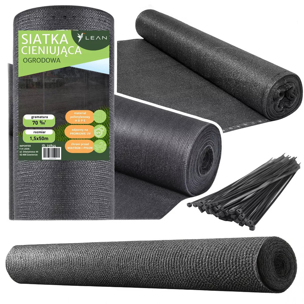 Sodo šešėlių tinklas, 1,5 × 50 m, 70 g/m², su tvirtinimo dirželiais, juodas