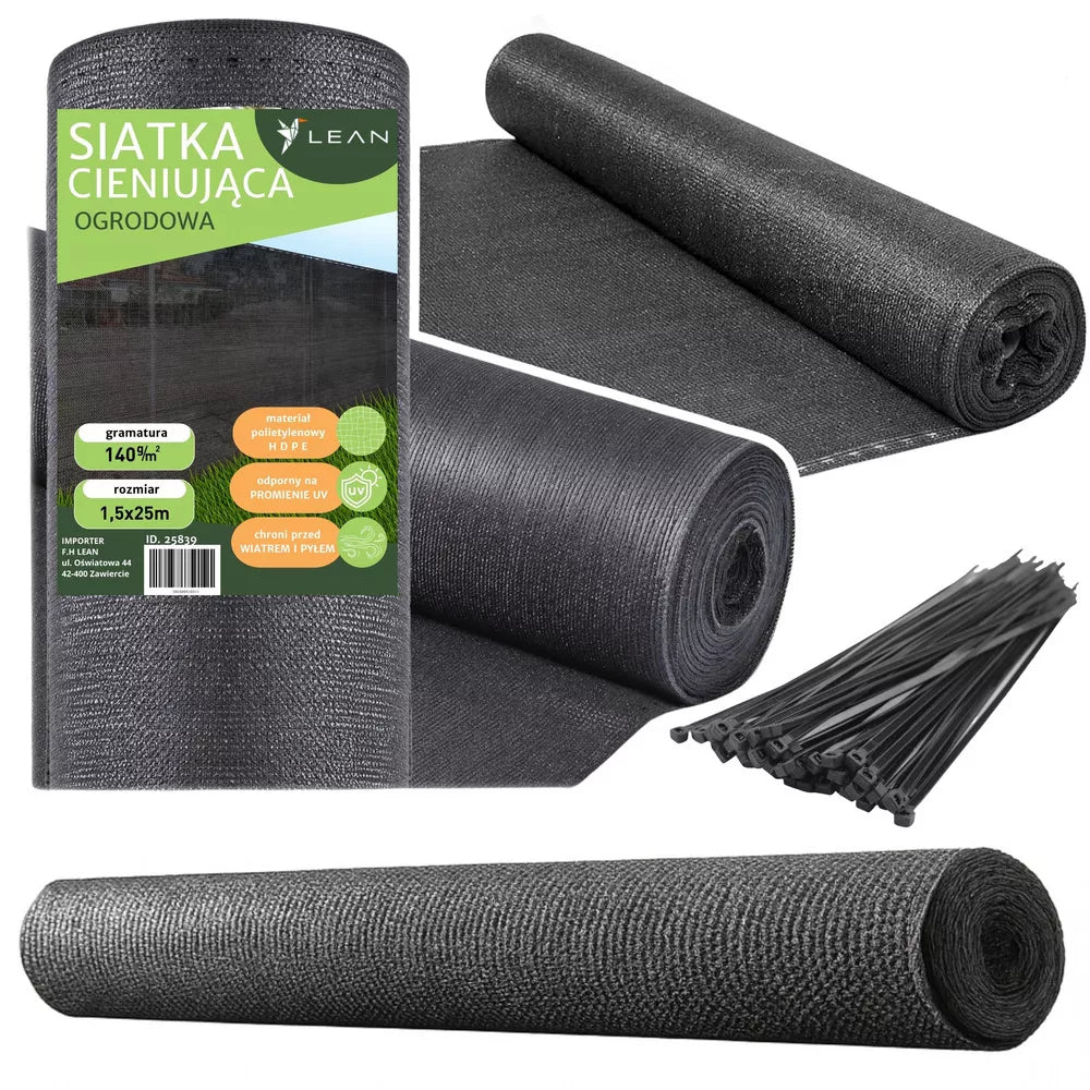 Sodo šešėlių tinklelis, 140 g/m², 1,5 × 25 m, tamsiai pilkas, su tvirtinimo dirželiais