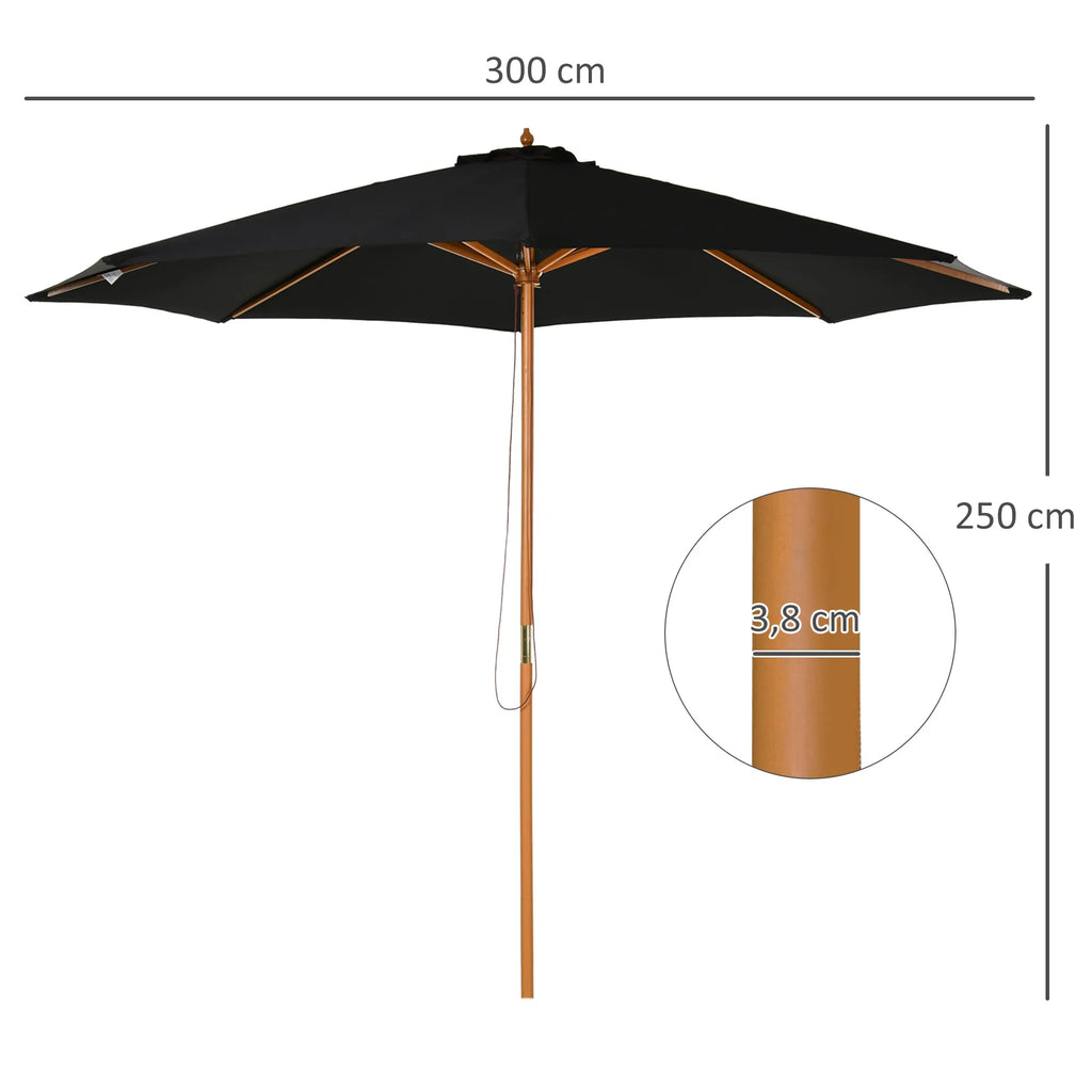Sodo skėtis medinis Ø 300 cm juodas su UV apsauga