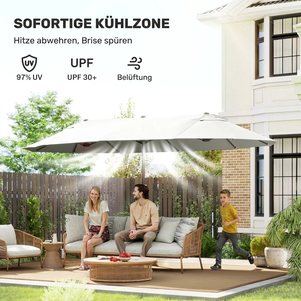 Sodo skėtis nuo saulės XXL su rankena 455 x 270 x 240 cm, smėlio
