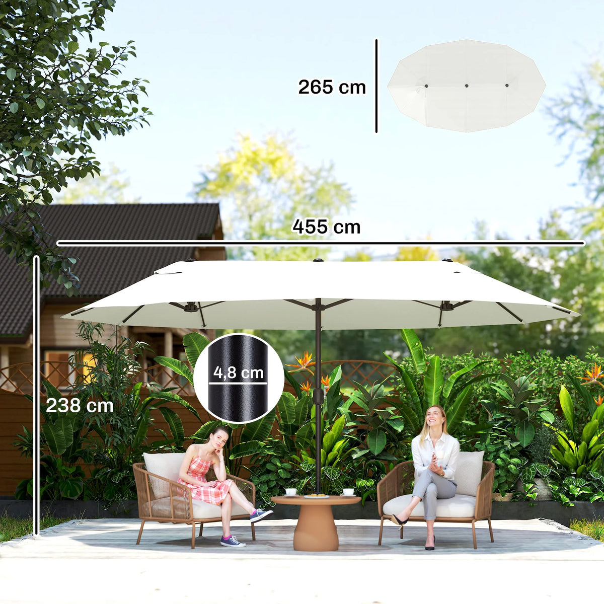 Sodo skėtis nuo saulės XXL su rankena 455 x 270 x 240 cm, smėlio