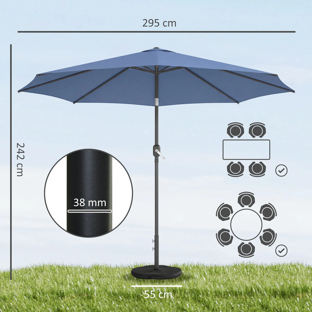 Sodo skėtis Ø295 cm, UV 30+, su pagrindu ir svarmenimis, mėlynas