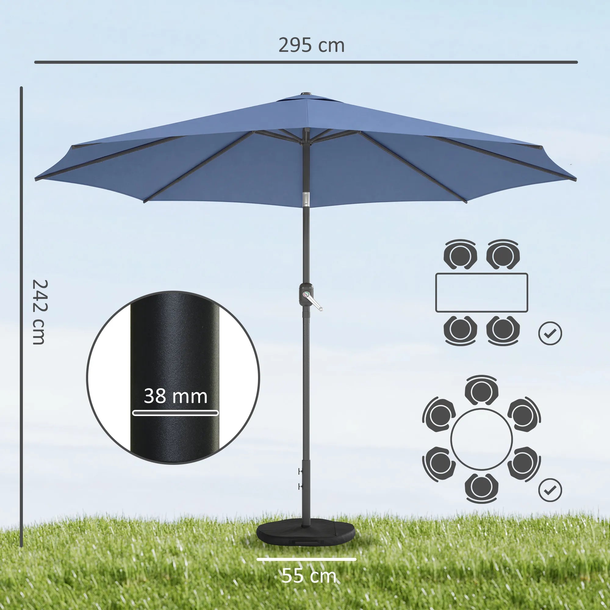 Sodo skėtis Ø295 cm, UV 30+, su pagrindu ir svarmenimis, mėlynas
