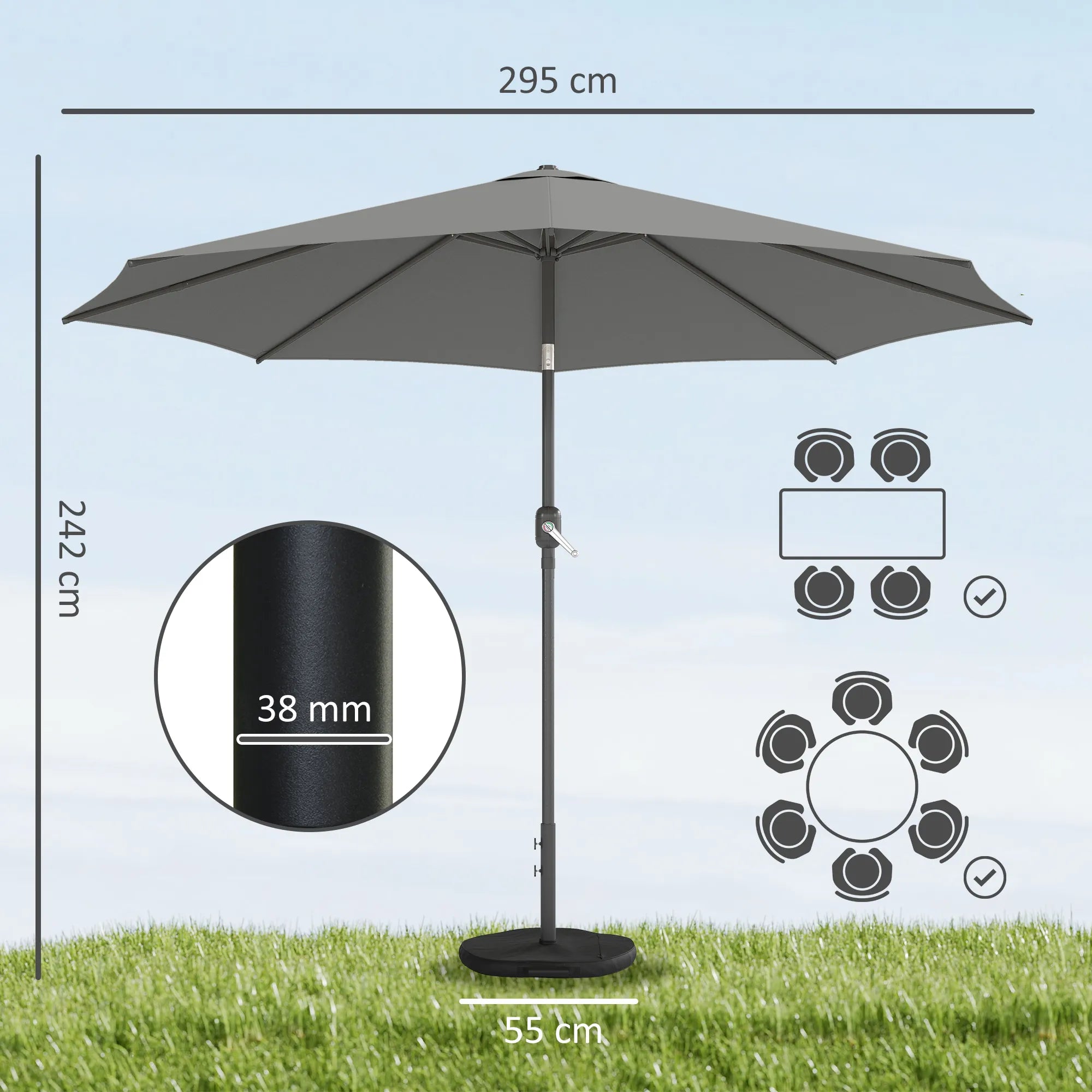 Sodo skėtis Ø300 cm, reguliuojamas, su pagrindu ir svarmenimis, UV 30+, tamsiai pilkas