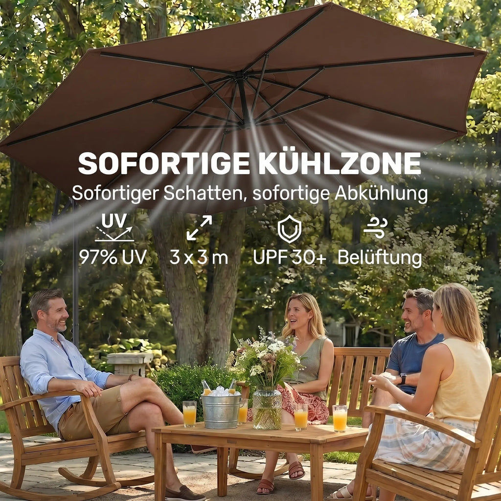 Sodo skėtis su alkūne 3x3 m, įvairiaspalvis