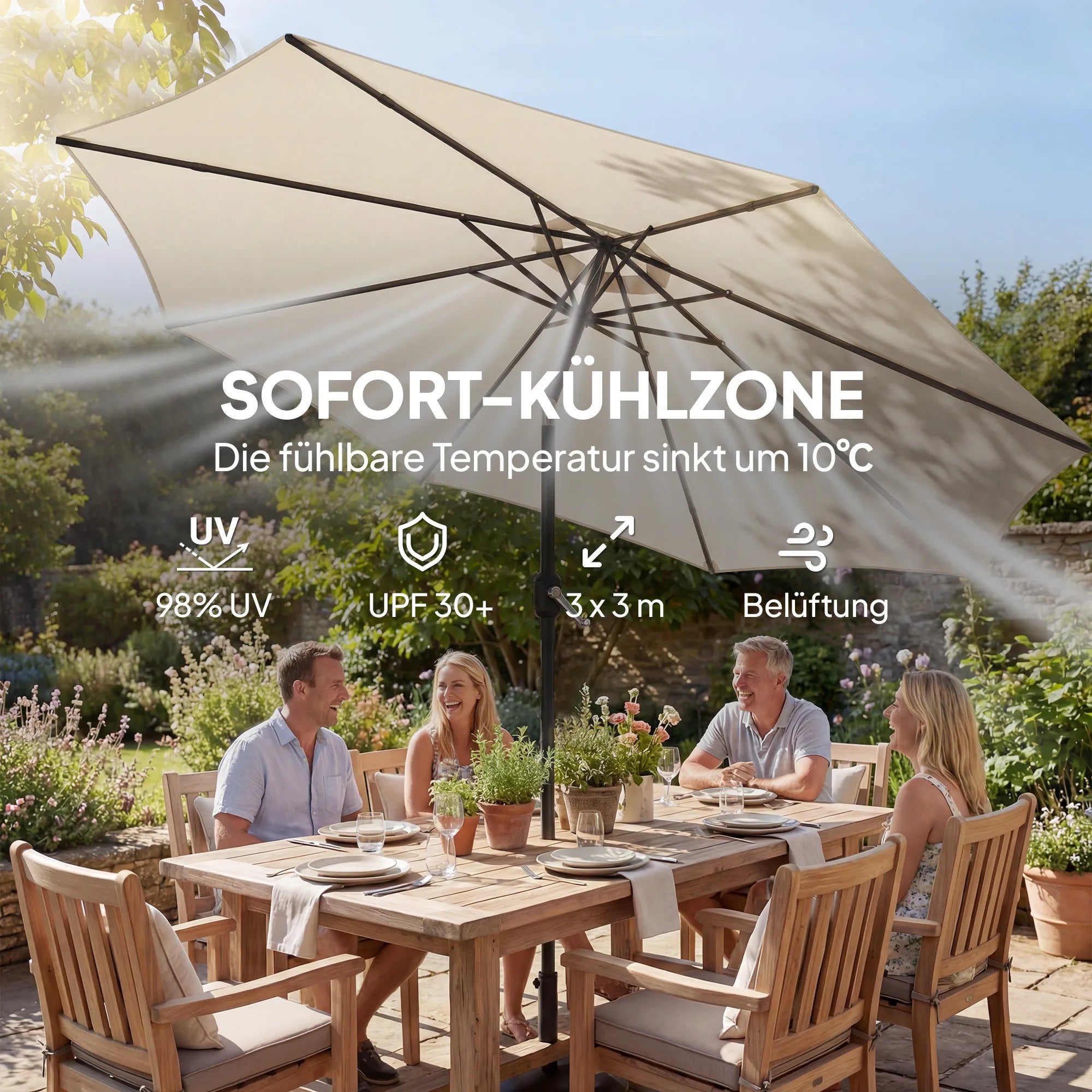Sodo skėtis su kojelėmis ir smėlio maišu 300 cm kreminės spalvos