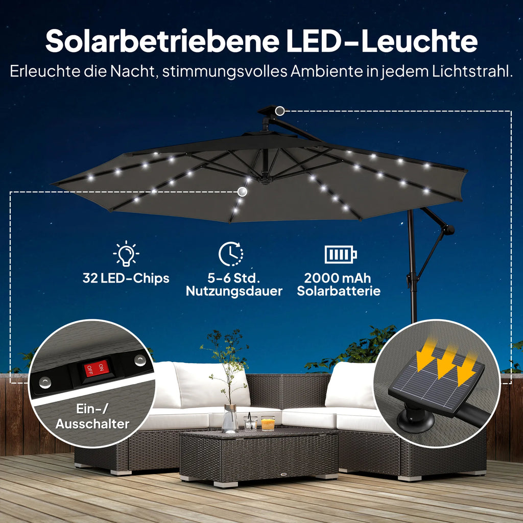 Sodo skėtis su LED apšvietimu, besisukantis, 300 cm, tamsiai pilkas