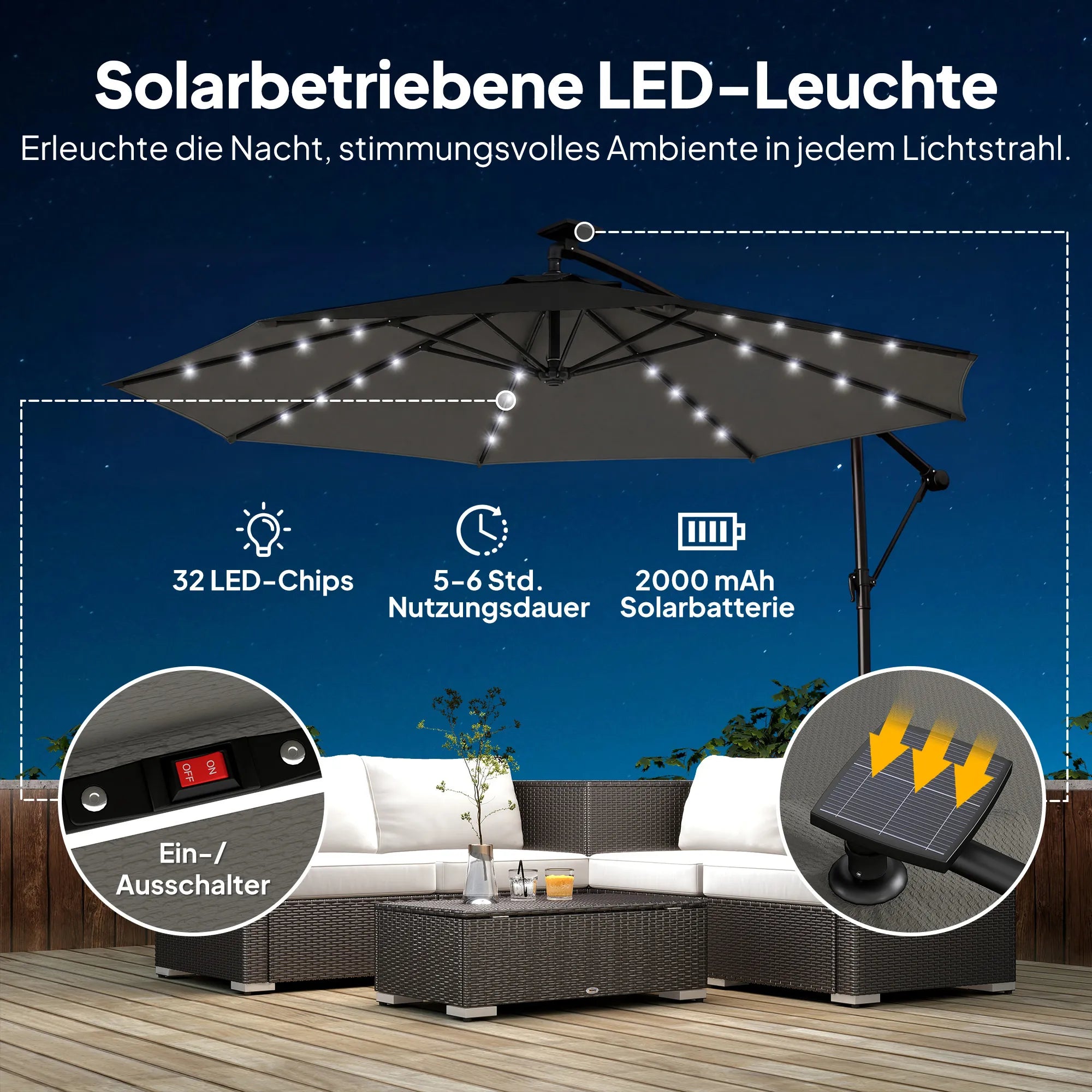 Sodo skėtis su LED apšvietimu, besisukantis, 300 cm, tamsiai pilkas