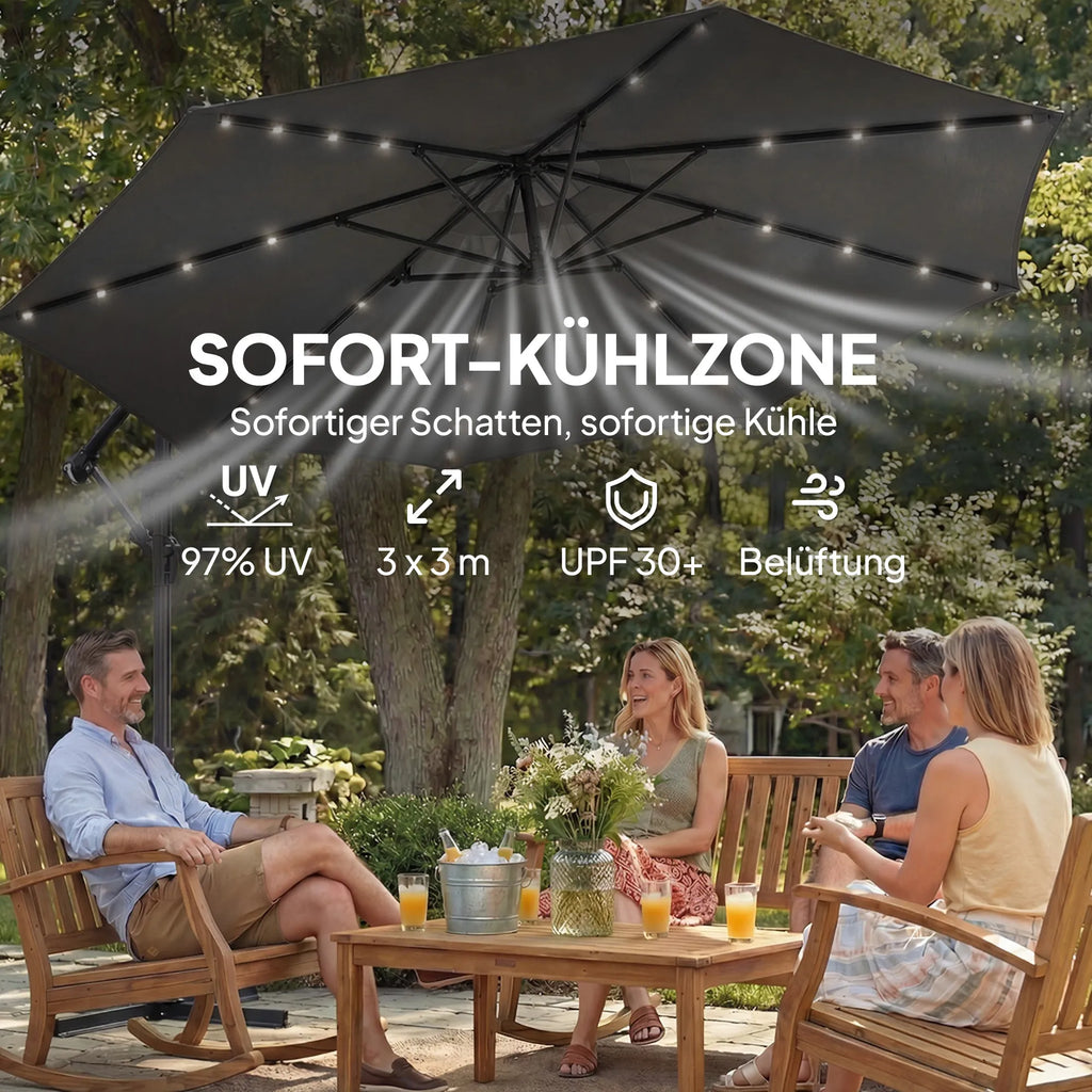 Sodo skėtis su LED apšvietimu, besisukantis, 300 cm, tamsiai pilkas
