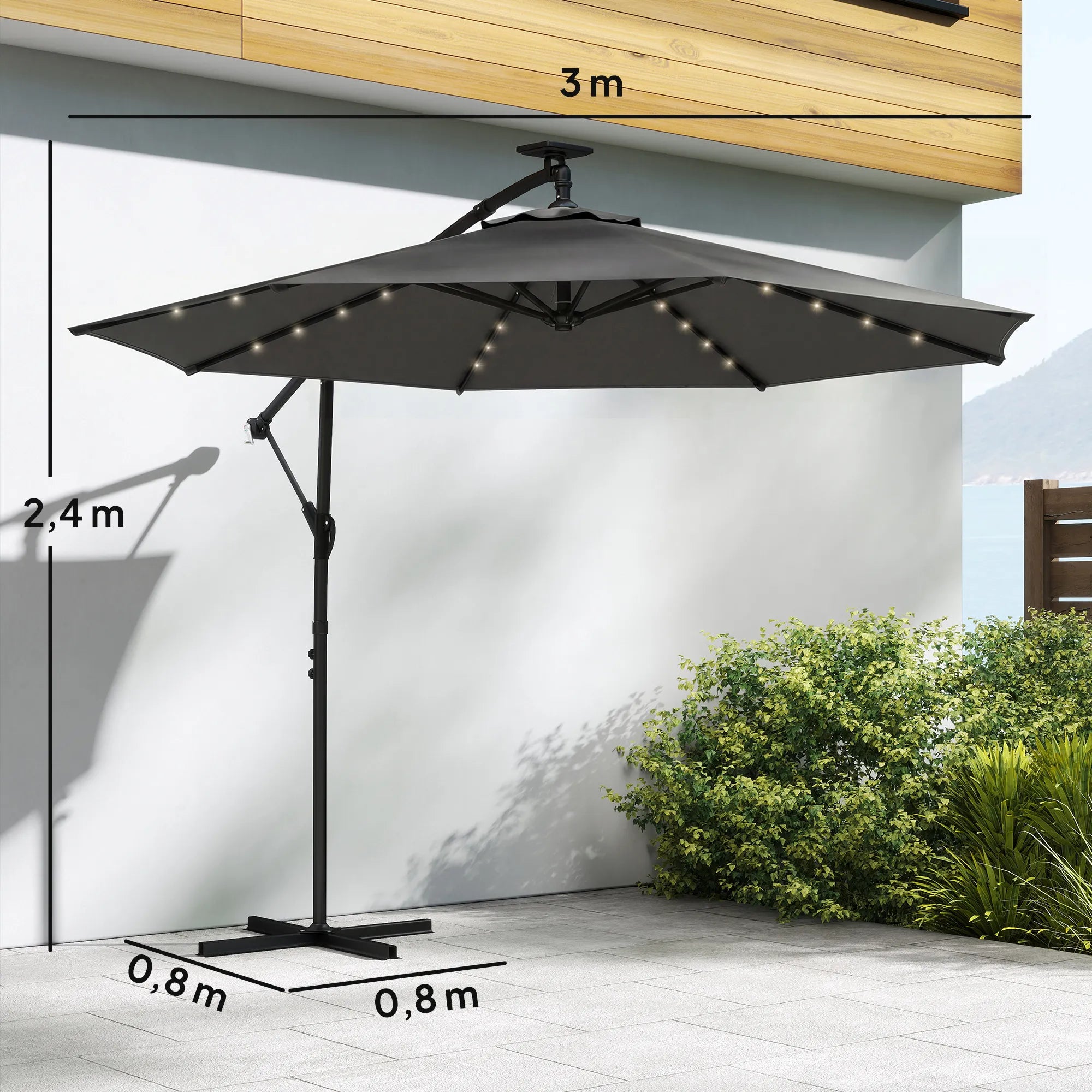 Sodo skėtis su LED apšvietimu, besisukantis, 300 cm, tamsiai pilkas