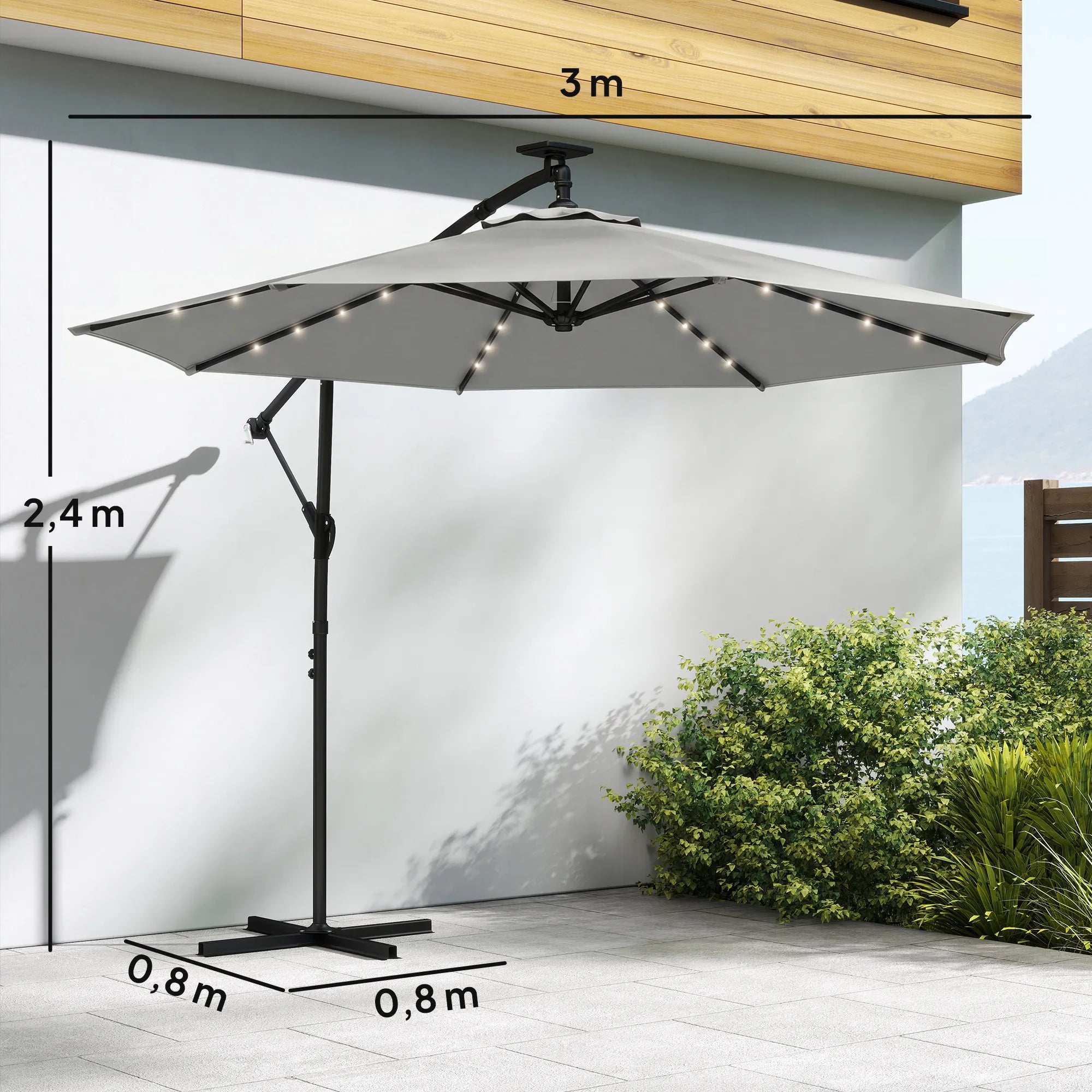 Sodo skėtis su LED apšvietimu poliesterio 300 cm besisukantis šviesiai pilkas
