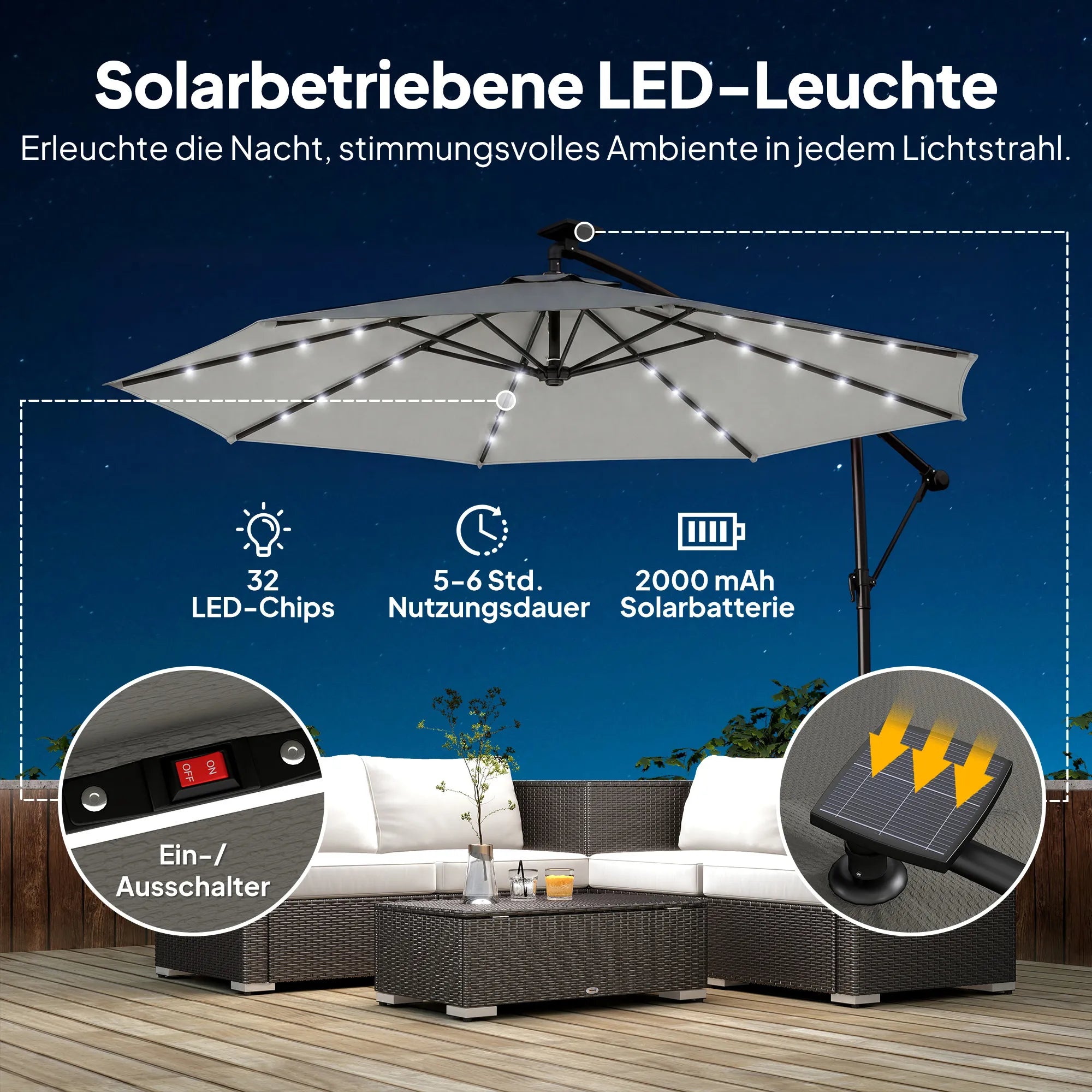 Sodo skėtis su LED apšvietimu poliesterio 300 cm besisukantis šviesiai pilkas