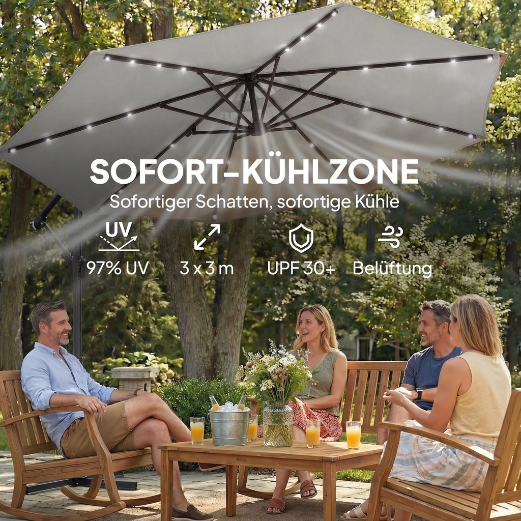 Sodo skėtis su LED apšvietimu poliesterio 300 cm besisukantis šviesiai pilkas