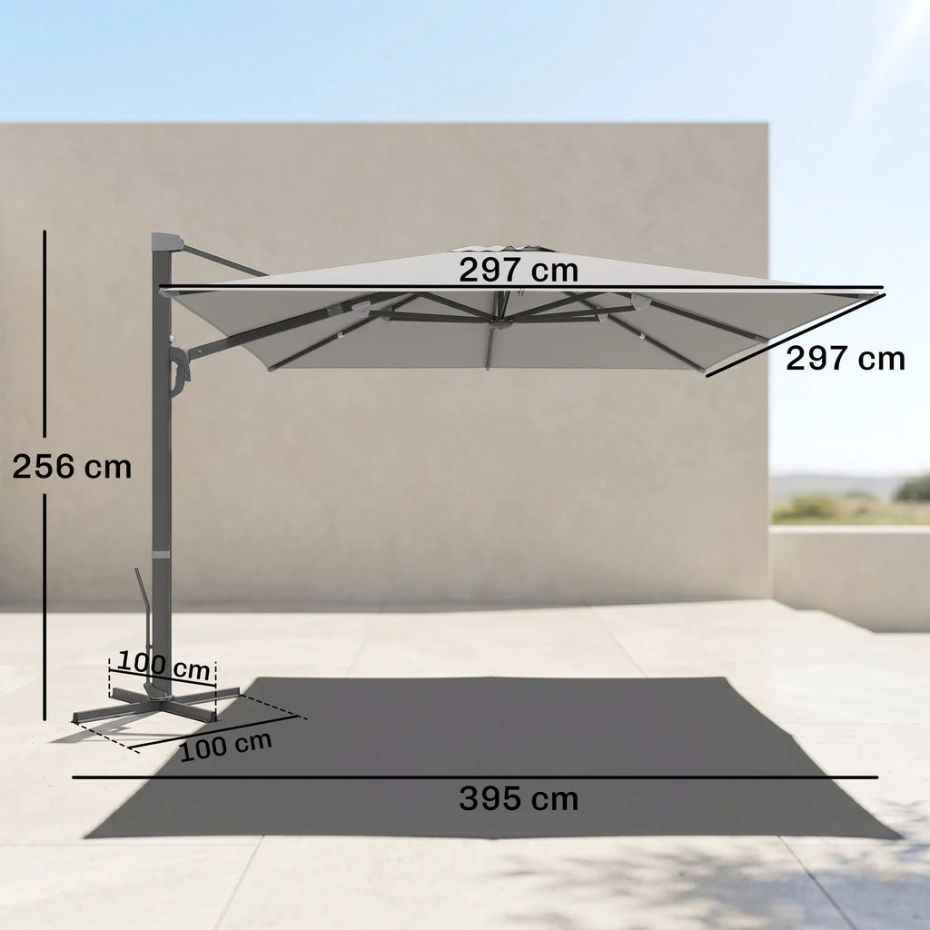 Sodo skėtis su stovu 3x3 m, suktas 360°, su svirtimi, šviesiai pilkas