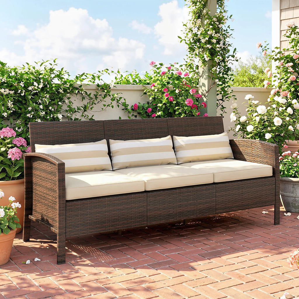 Sodo sofa 3 vietų, su pagalvėlėmis, ruda, 173 x 68 x 78 cm