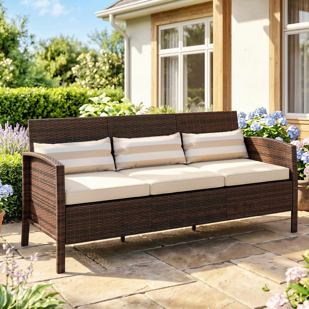 Sodo sofa 3 vietų, su pagalvėlėmis, ruda, 173 x 68 x 78 cm