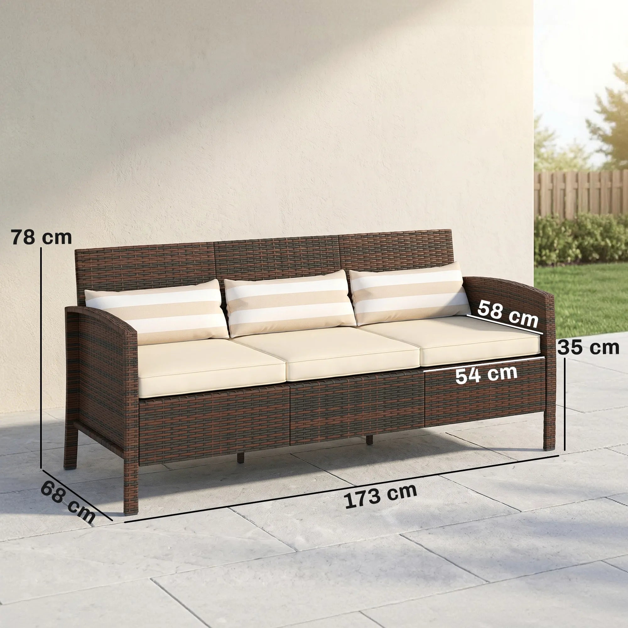 Sodo sofa 3 vietų, su pagalvėlėmis, ruda, 173 x 68 x 78 cm