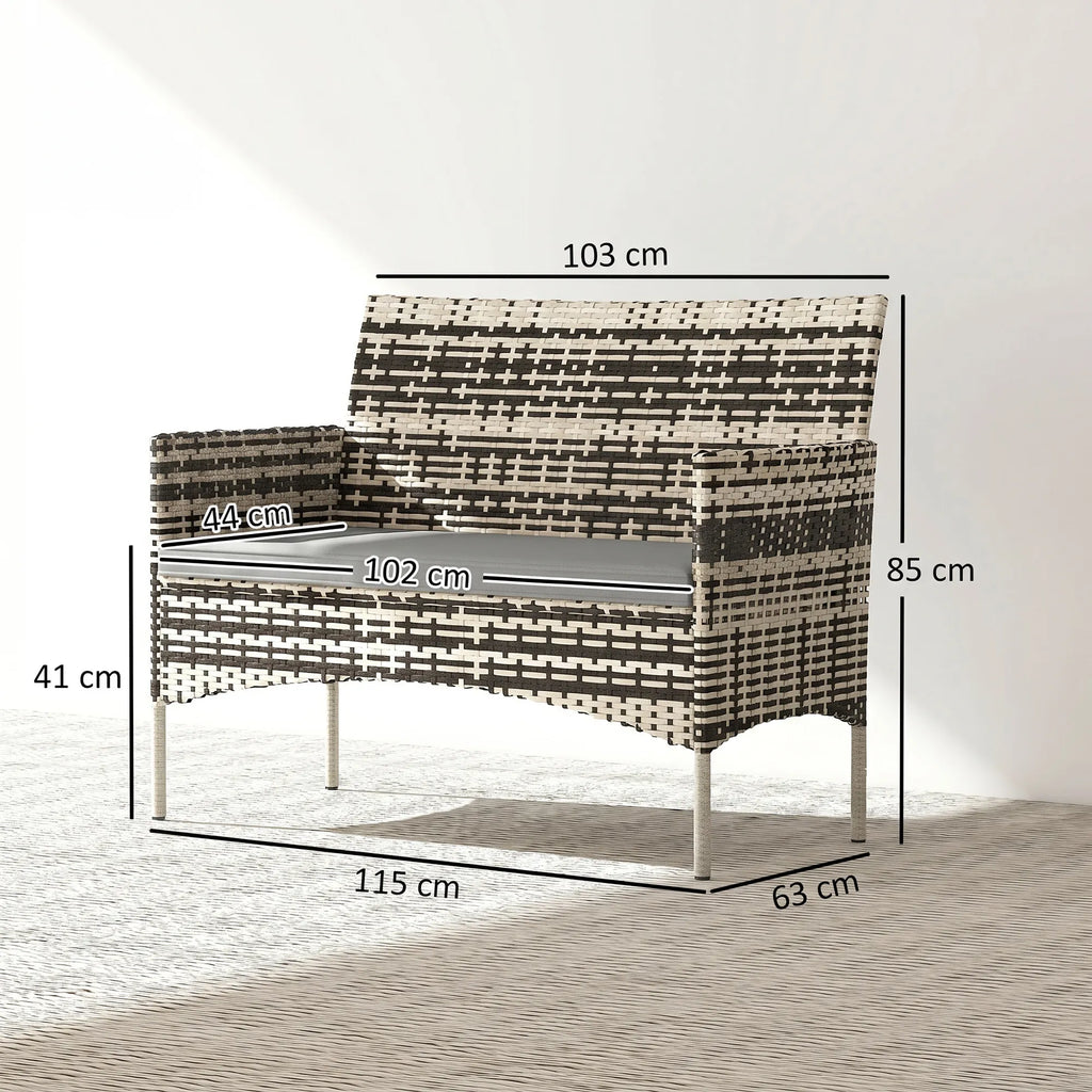 Sodo sofa dvivietė, iš PE ratano, su pagalvėlėmis, plieninis rėmas, šviesiai pilka