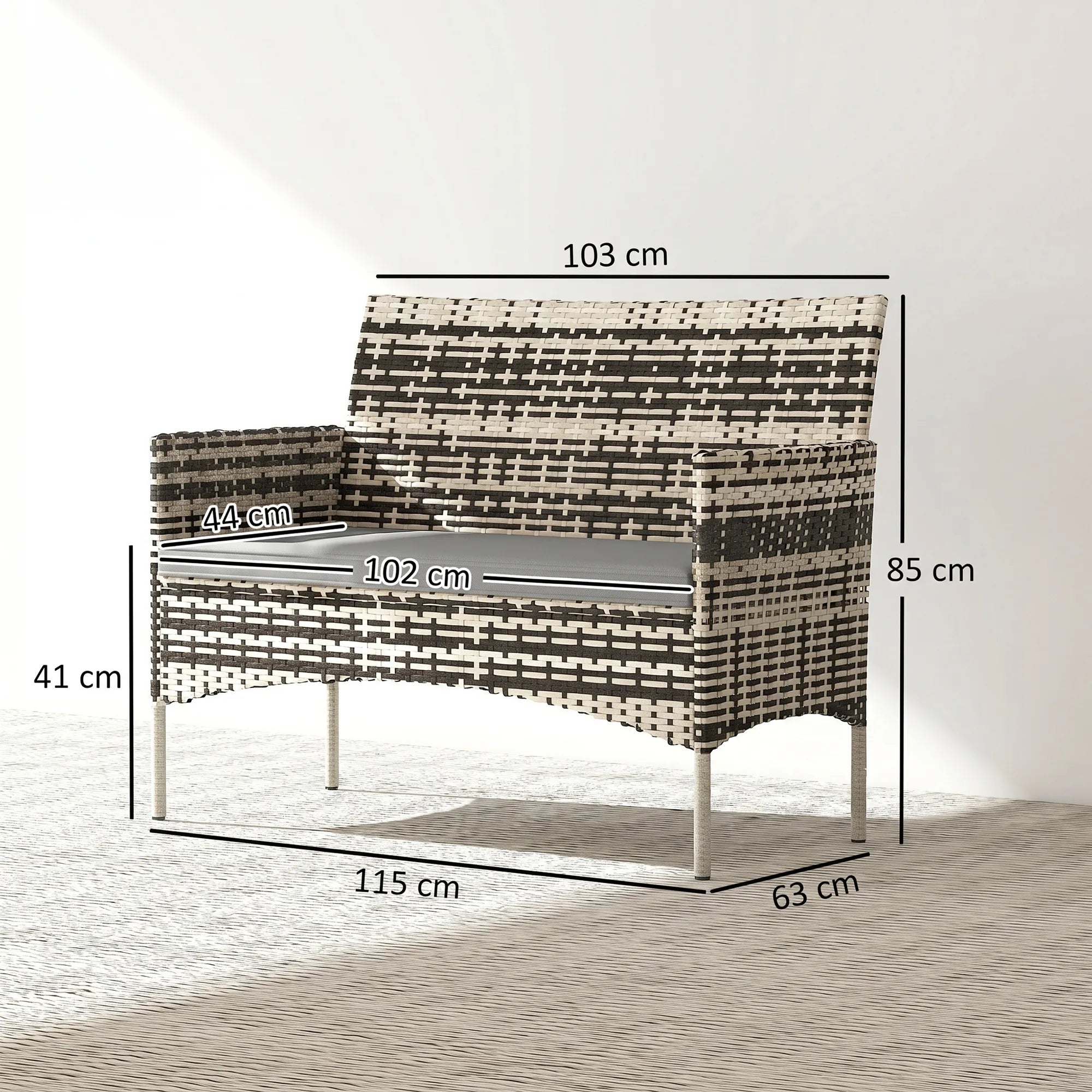 Sodo sofa dvivietė, iš PE ratano, su pagalvėlėmis, plieninis rėmas, šviesiai pilka