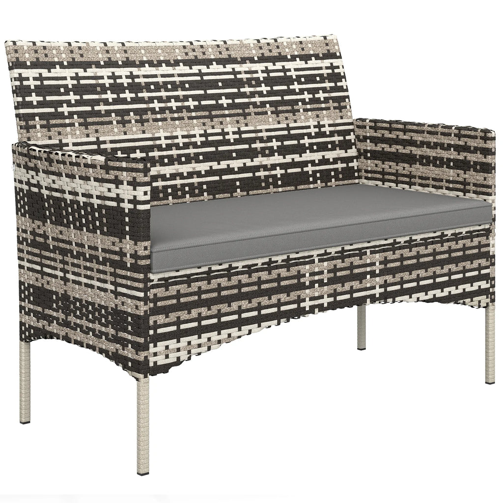 Sodo sofa dvivietė, iš PE ratano, su pagalvėlėmis, plieninis rėmas, šviesiai pilka