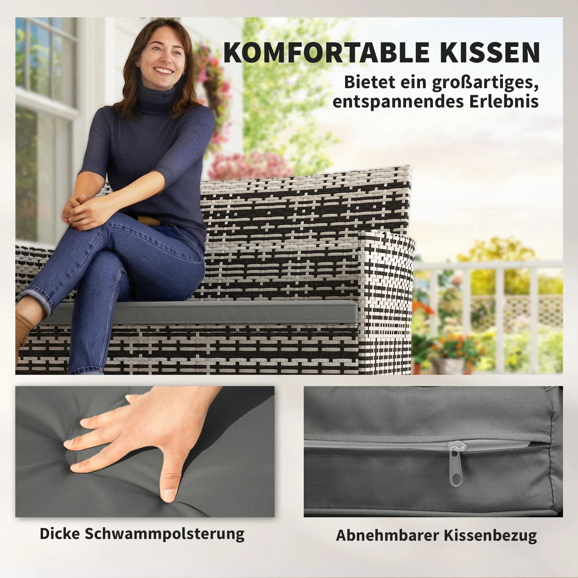 Sodo sofa dvivietė, iš PE ratano, su pagalvėlėmis, plieninis rėmas, šviesiai pilka