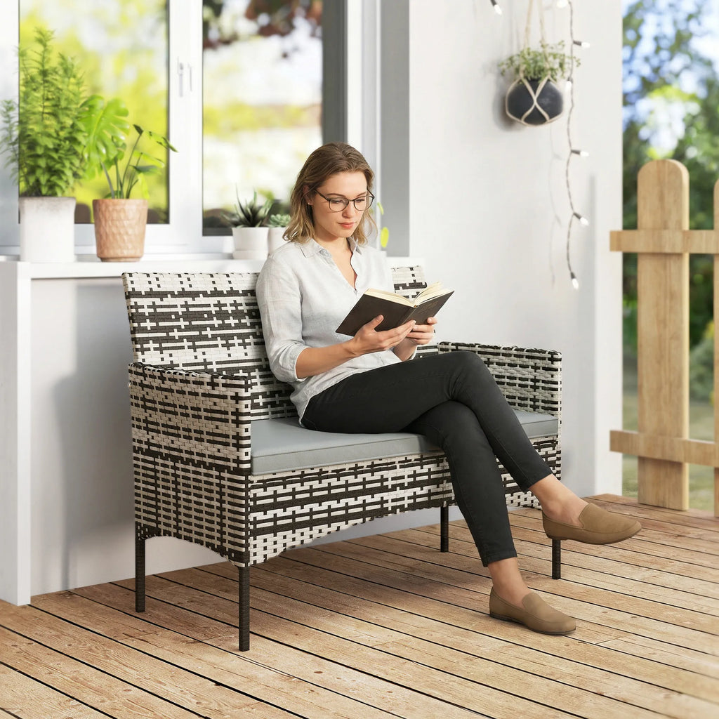 Sodo sofa dvivietė, iš PE ratano, su pagalvėlėmis, plieninis rėmas, šviesiai pilka