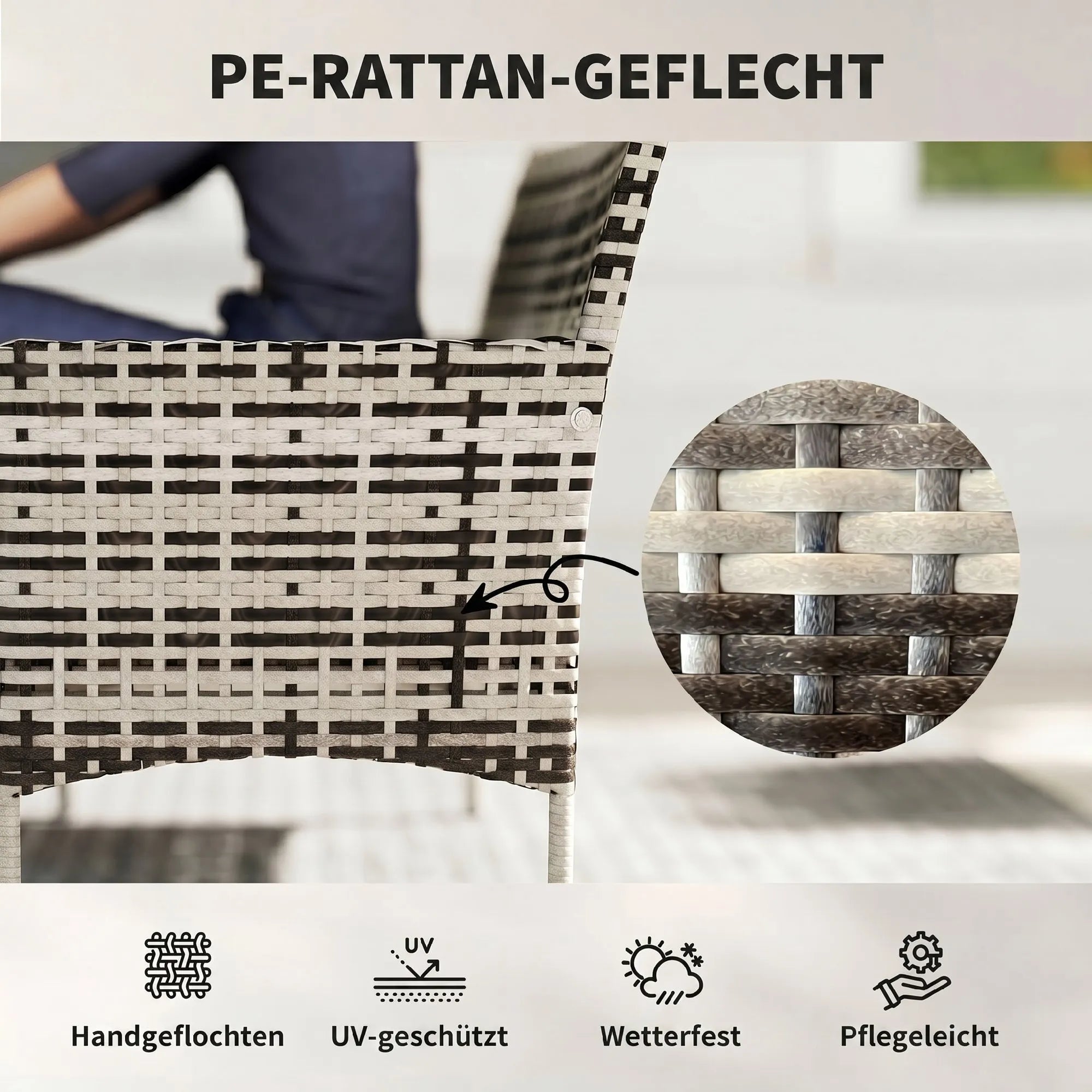 Sodo sofa dvivietė, iš PE ratano, su pagalvėlėmis, plieninis rėmas, šviesiai pilka