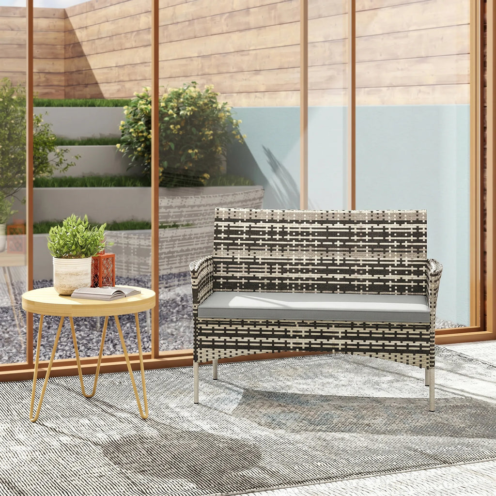 Sodo sofa dvivietė, iš PE ratano, su pagalvėlėmis, plieninis rėmas, šviesiai pilka