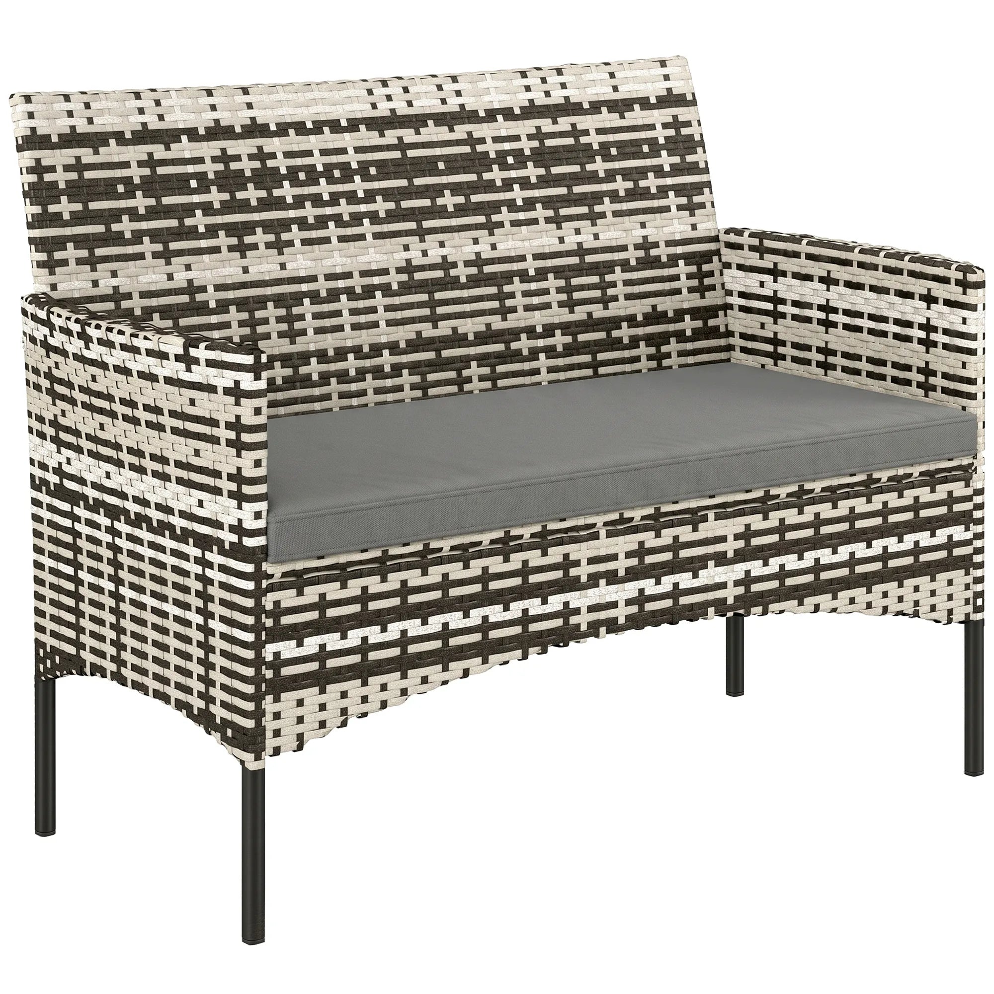 Sodo sofa dvivietė, iš PE ratano, su pagalvėlėmis, plieninis rėmas, šviesiai pilka