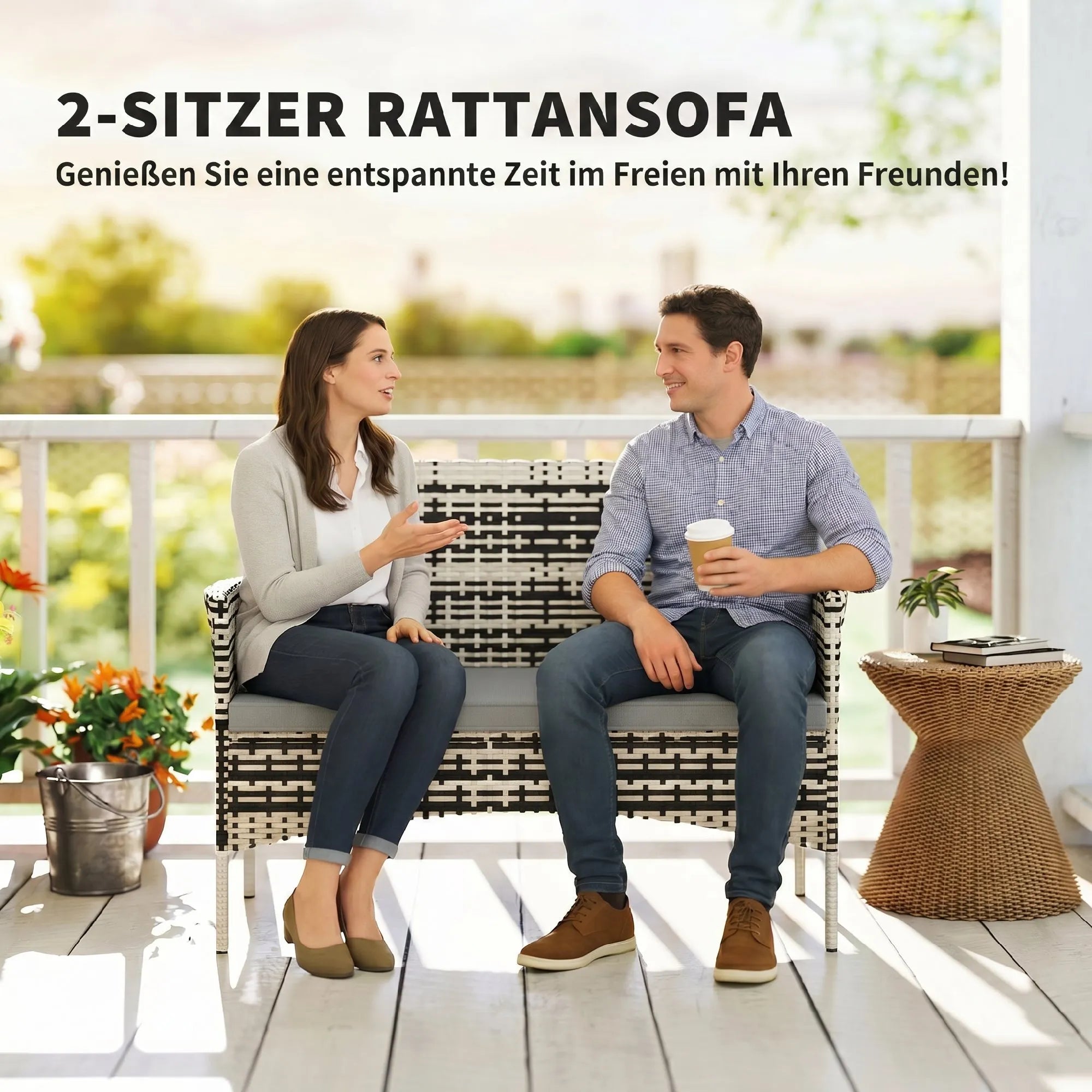 Sodo sofa dvivietė, iš PE ratano, su pagalvėlėmis, plieninis rėmas, šviesiai pilka