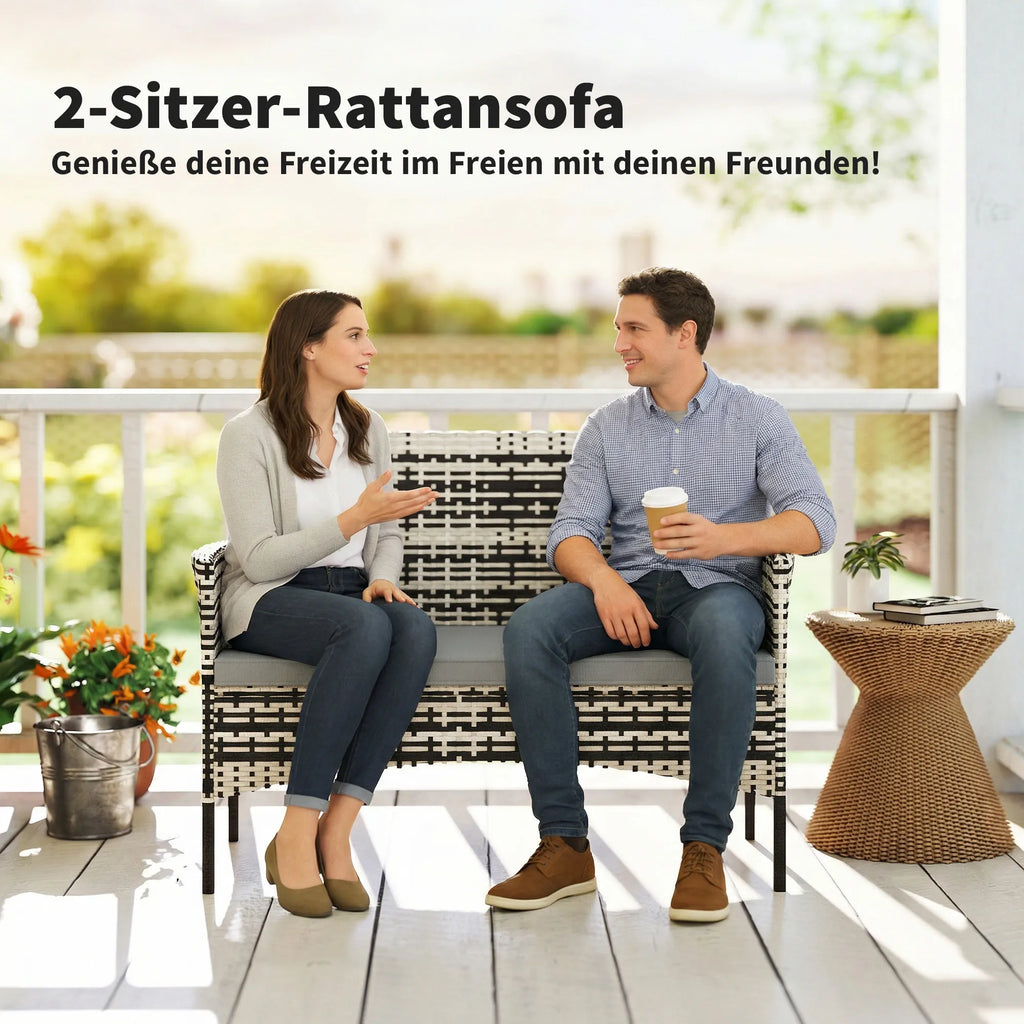 Sodo sofa dvivietė, iš PE ratano, su pagalvėlėmis, plieninis rėmas, šviesiai pilka