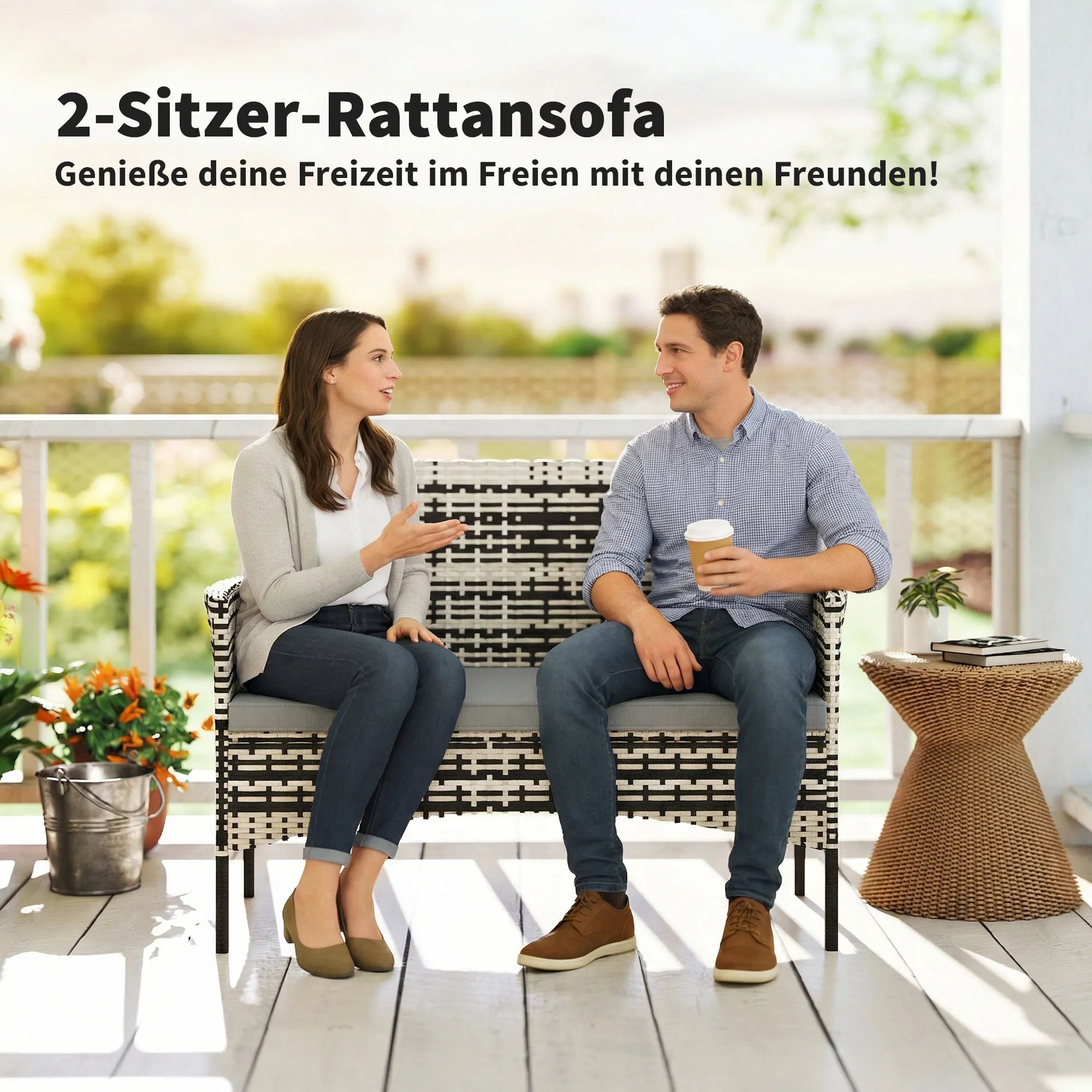 Sodo sofa dvivietė, iš PE ratano, su pagalvėlėmis, plieninis rėmas, šviesiai pilka