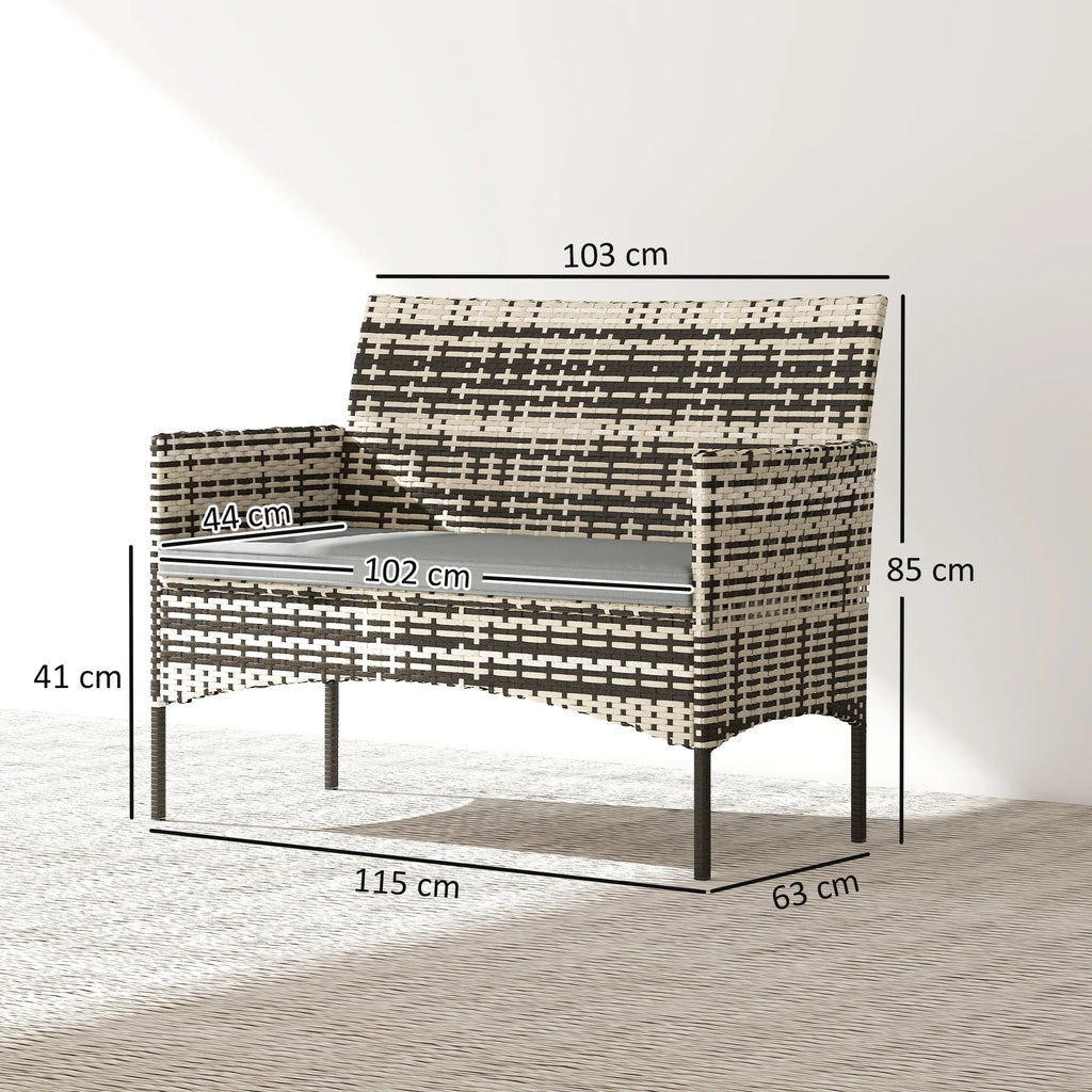 Sodo sofa dvivietė, iš PE ratano, su pagalvėlėmis, plieninis rėmas, šviesiai pilka