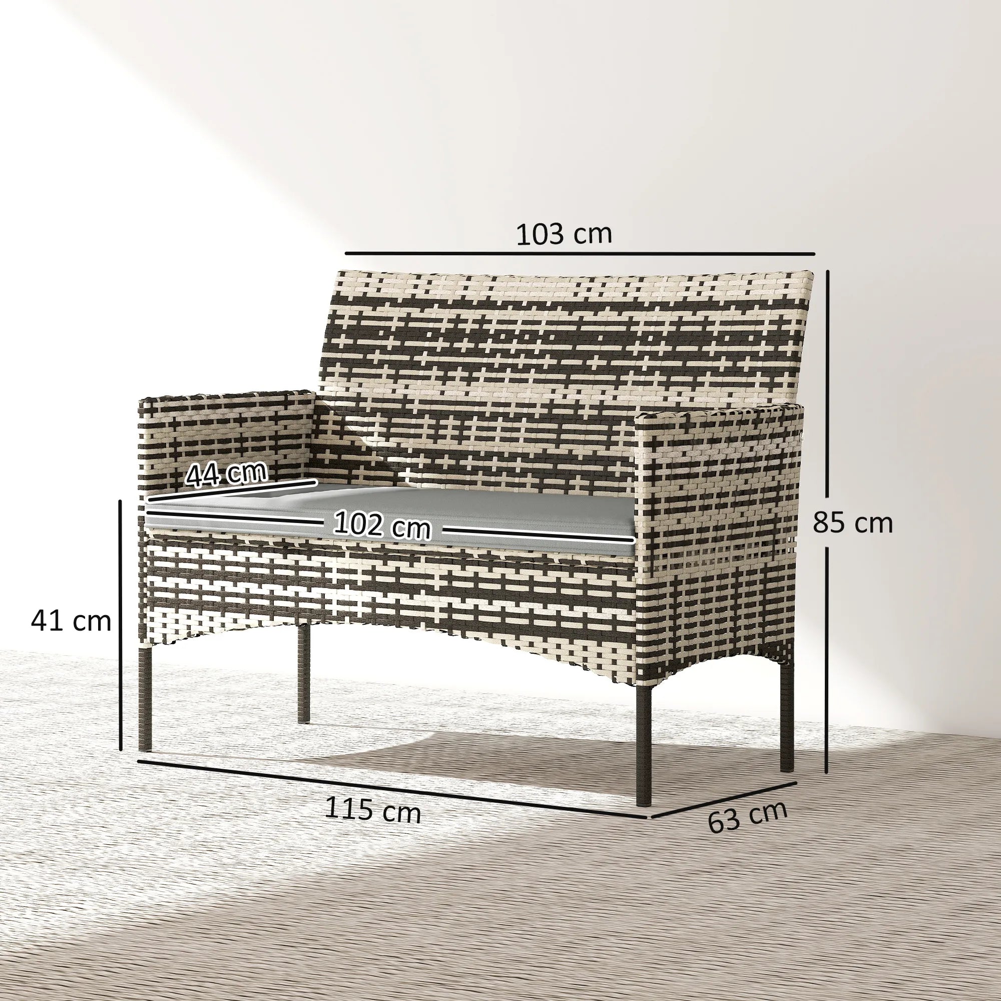 Sodo sofa dvivietė, iš PE ratano, su pagalvėlėmis, plieninis rėmas, šviesiai pilka