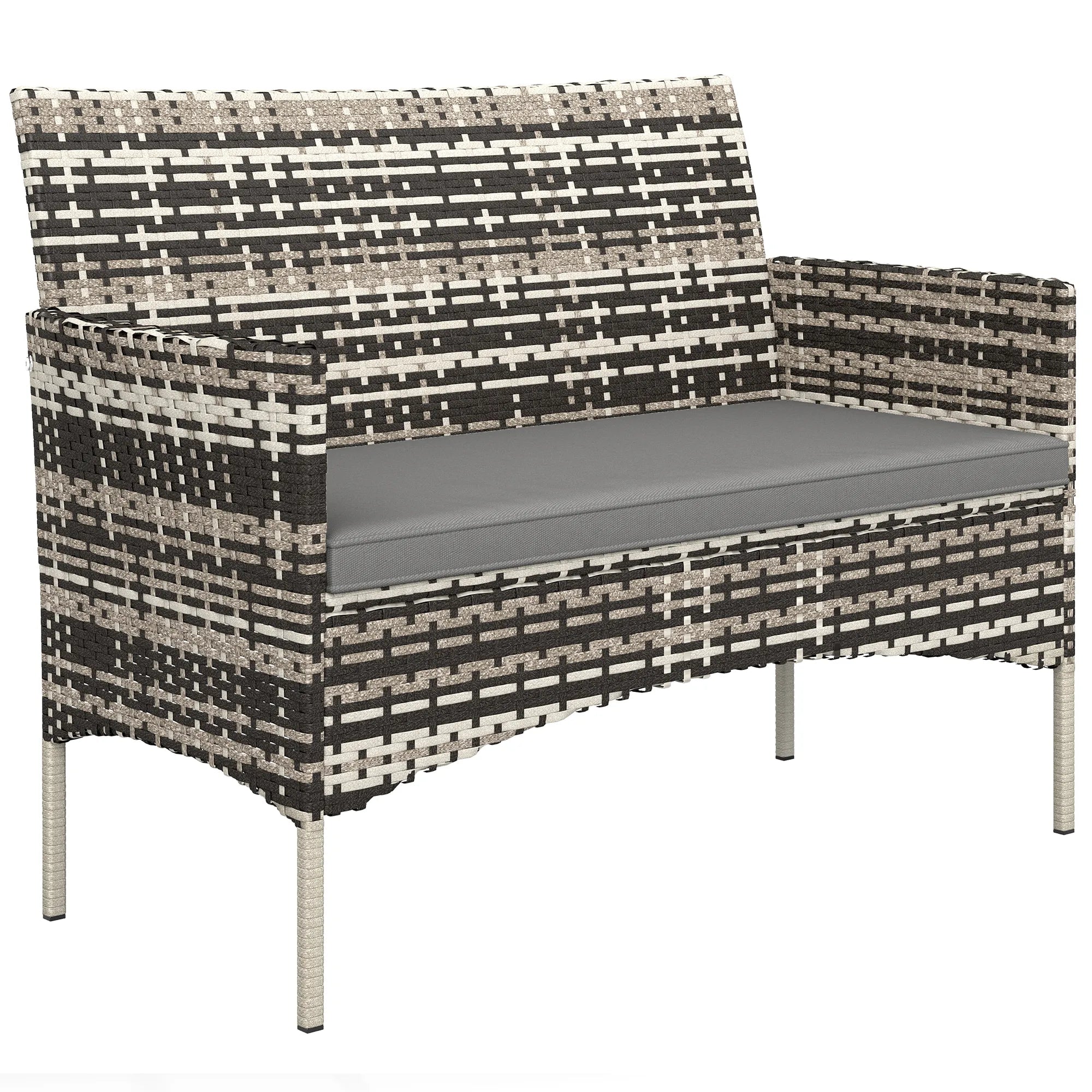 Sodo sofa dvivietė, iš PE ratano, su pagalvėlėmis, plieninis rėmas, šviesiai pilka