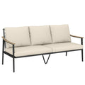 Sodo sofa trivietė, lauko, su porankiais medžio imitacijos, plieniniu rėmu, chaki spalvos