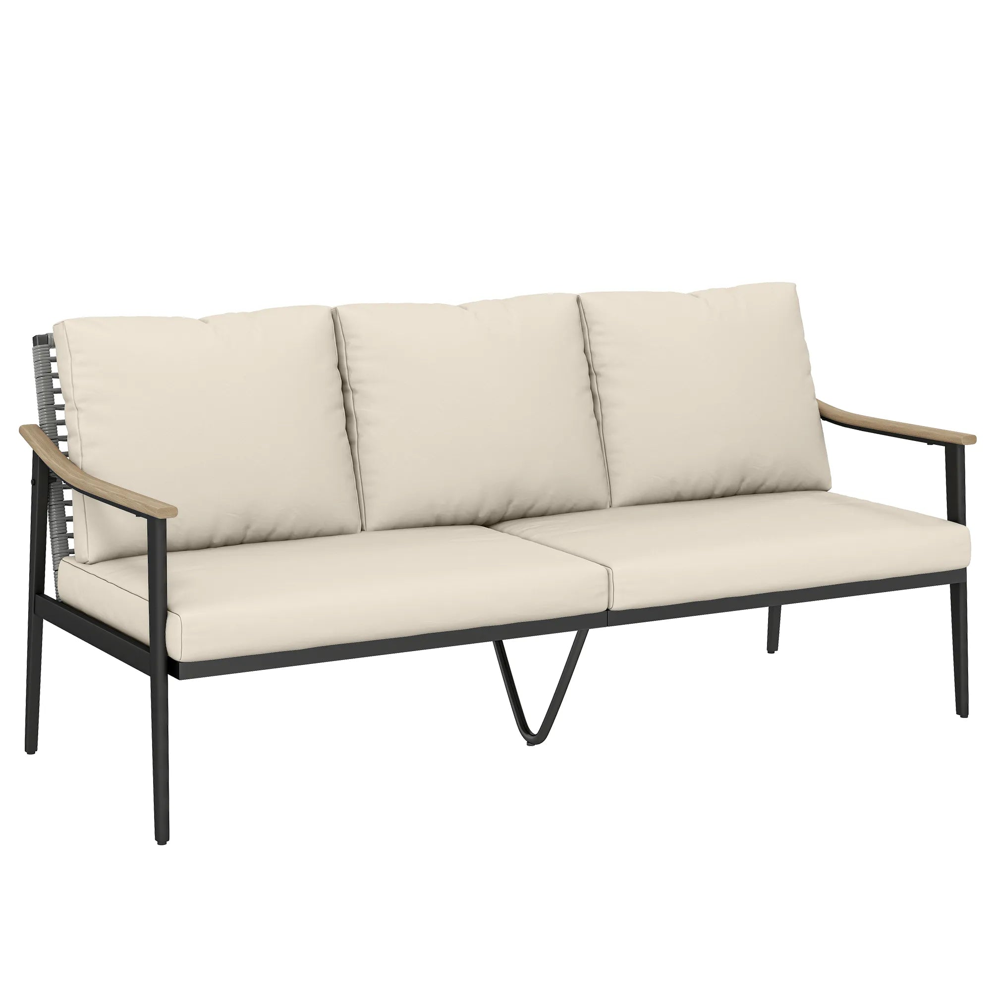 Sodo sofa trivietė, lauko, su porankiais medžio imitacijos, plieniniu rėmu, chaki spalvos